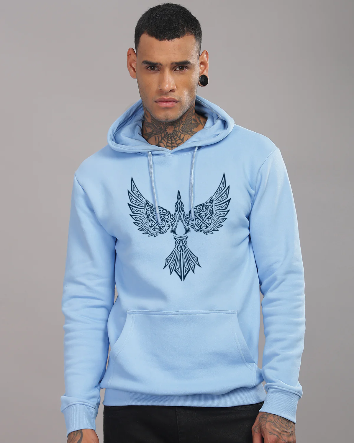 Men Sky Blue Printed Hoodie - Image 2
