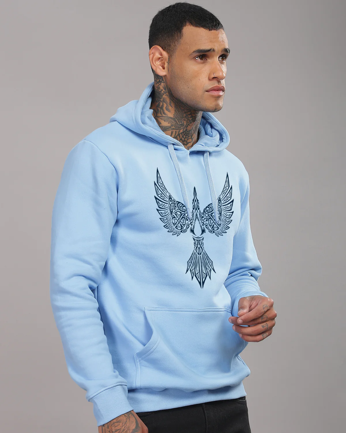 Men Sky Blue Printed Hoodie - Image 4