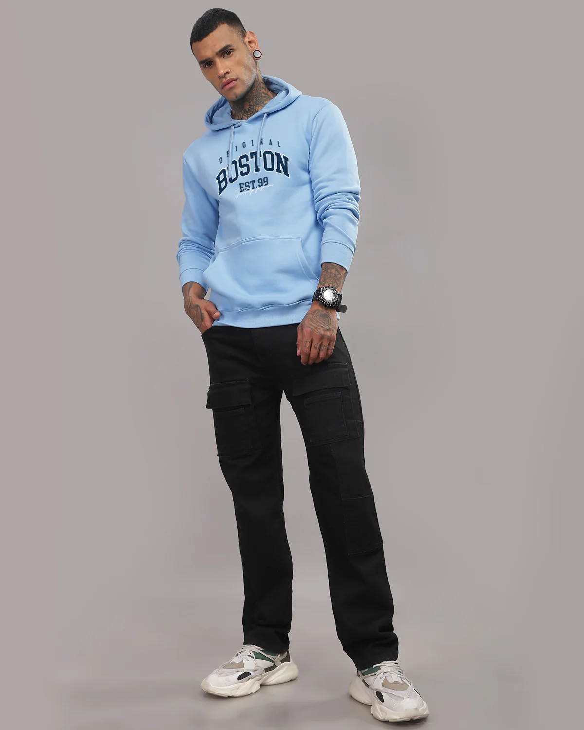 Men Sky Blue Printed Hoodie - Image 5