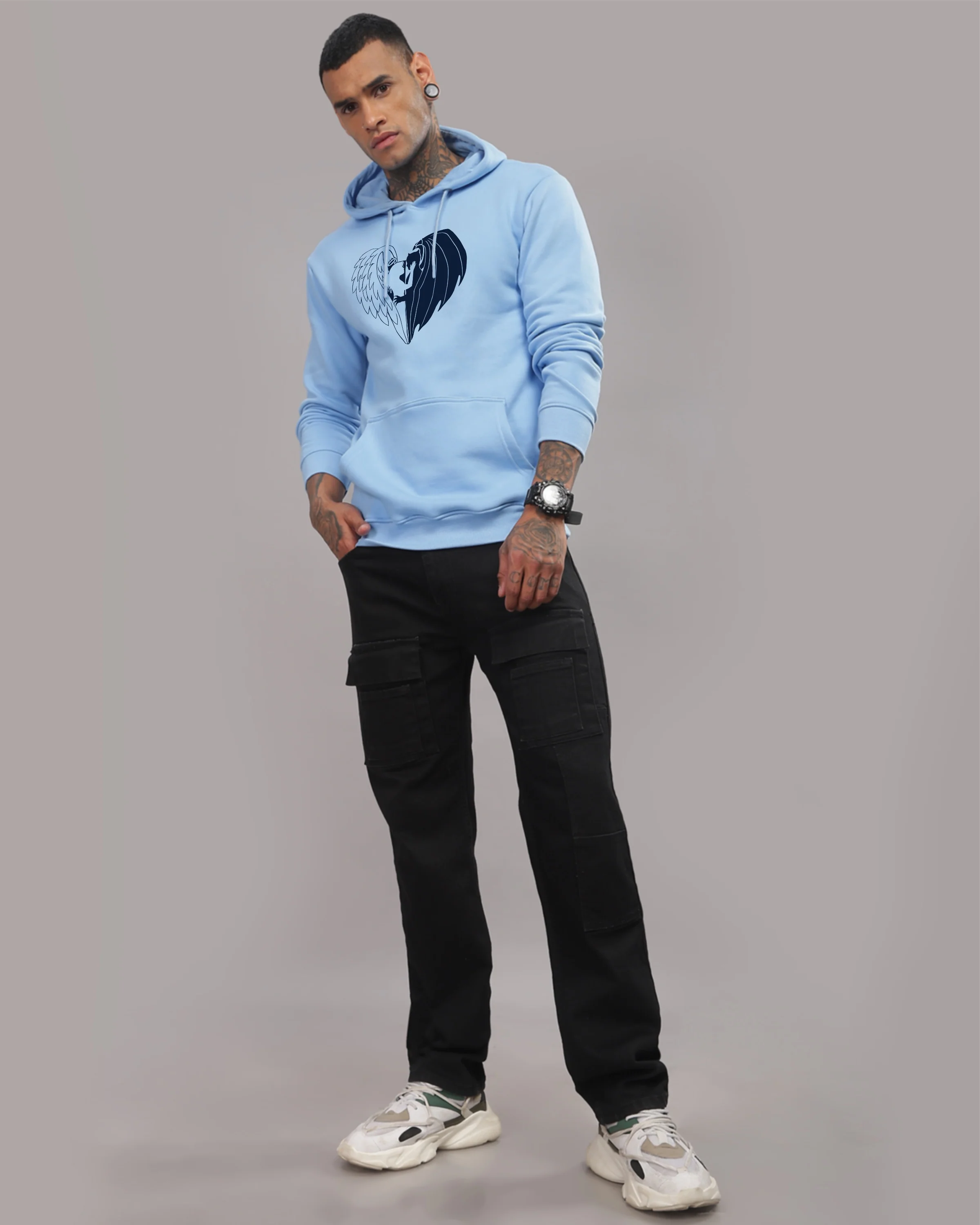 Men Sky Blue Printed Hoodie