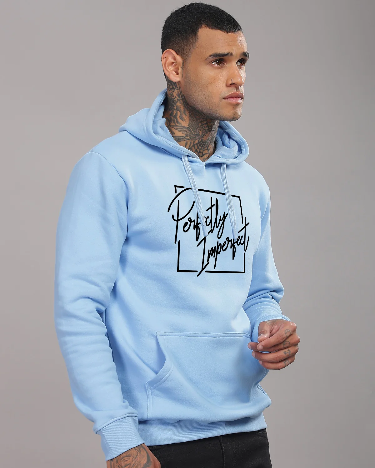 Men Sky Blue Printed Hoodie - Image 3