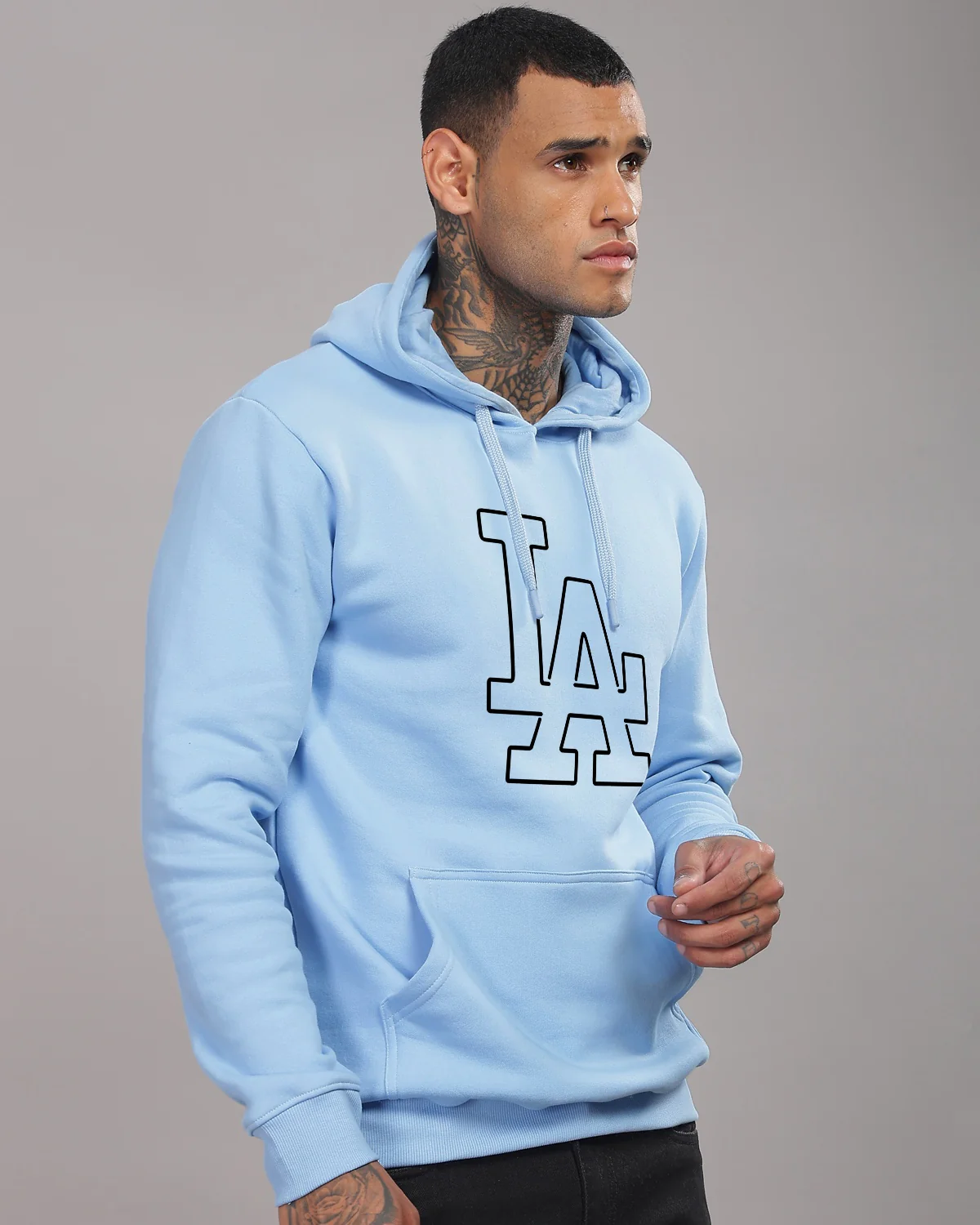Men Sky Blue Printed Hoodie - Image 3