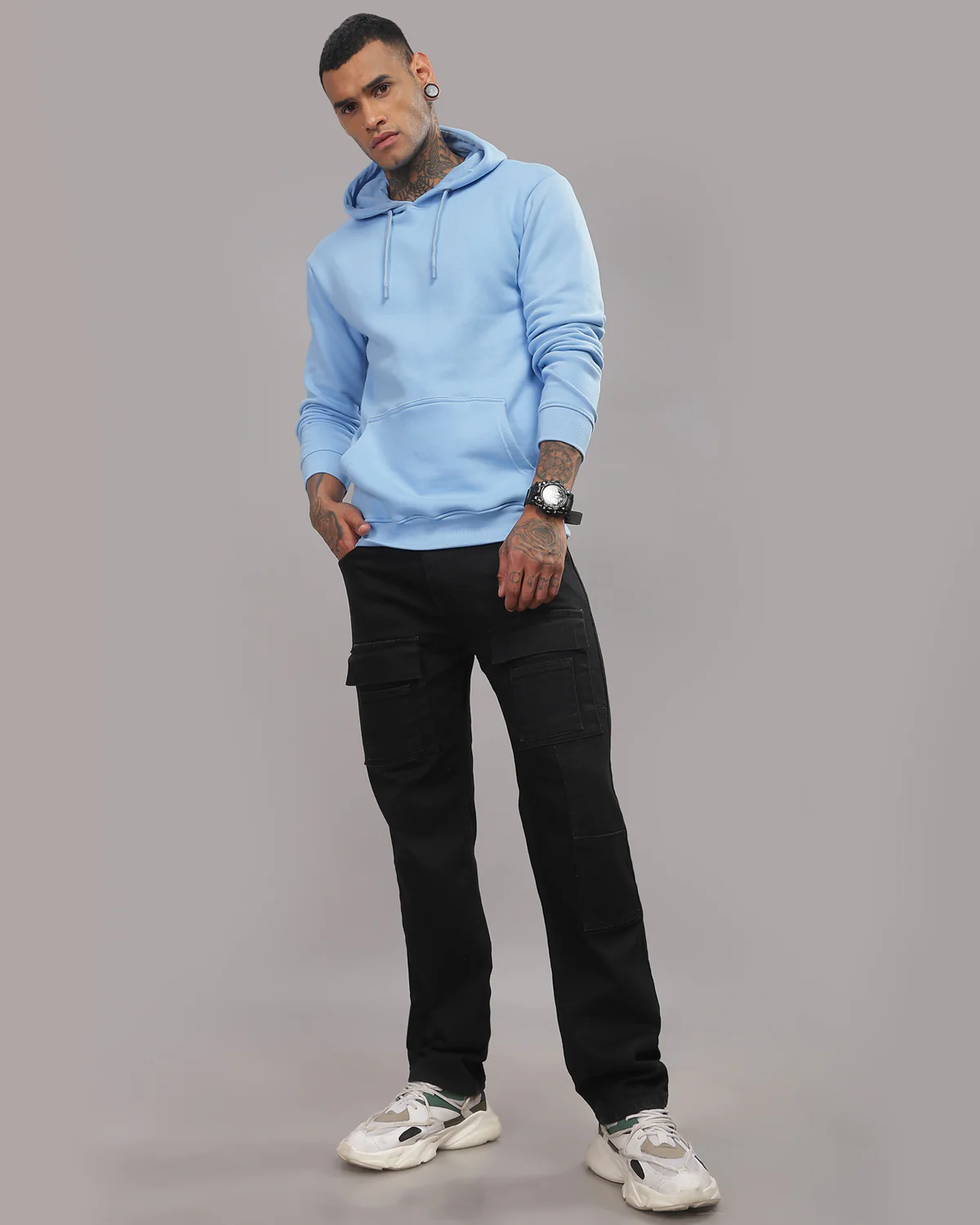 Men Sky Blue Printed Hoodie - Image 5