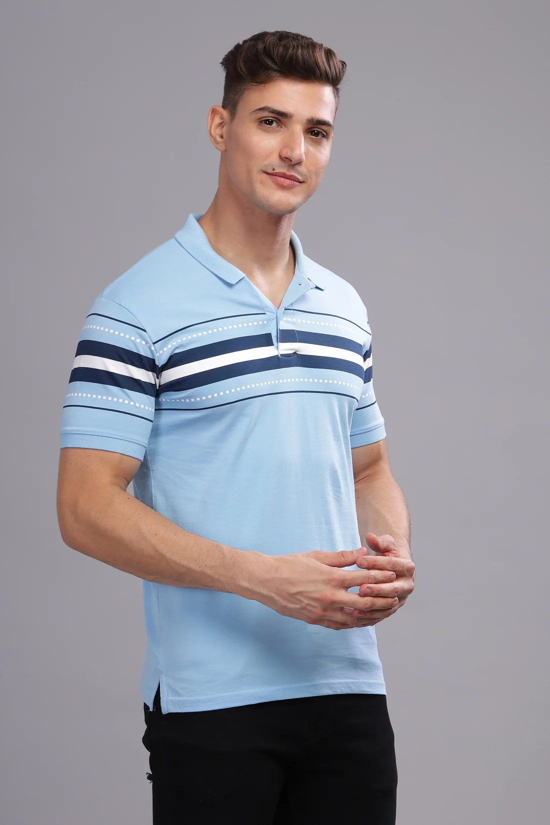 Men Sky Blue Regular Fit Polo T-Shirt - Image 2