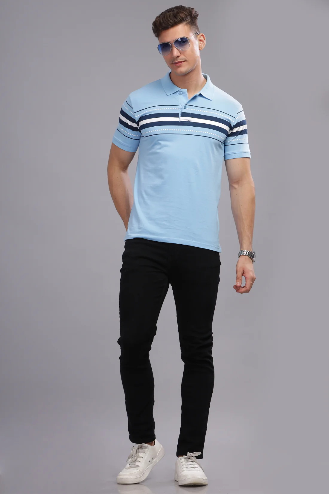 Men Sky Blue Regular Fit Polo T-Shirt - Image 5