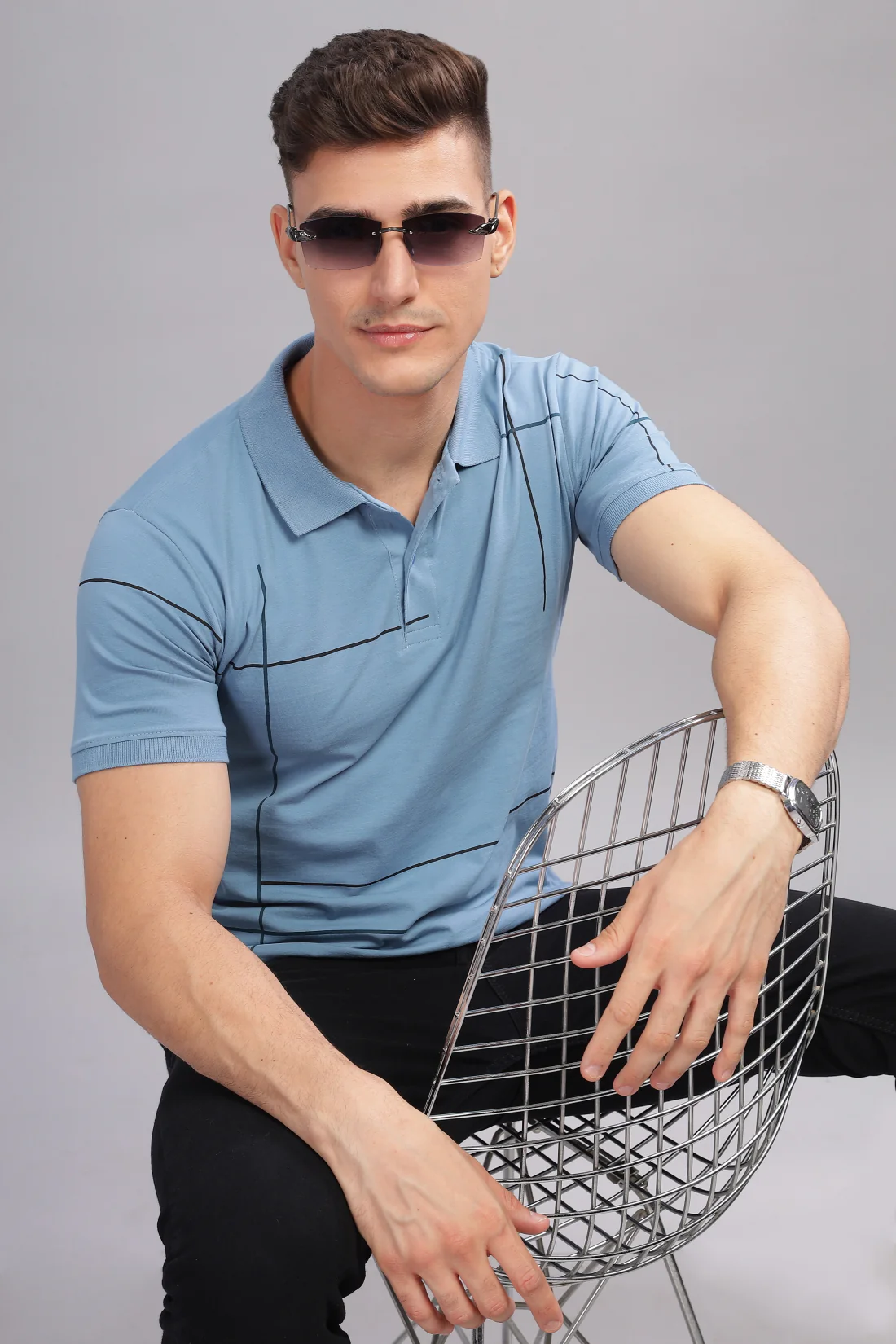 Men Sky Blue Regular Fit T-Shirt - Image 6