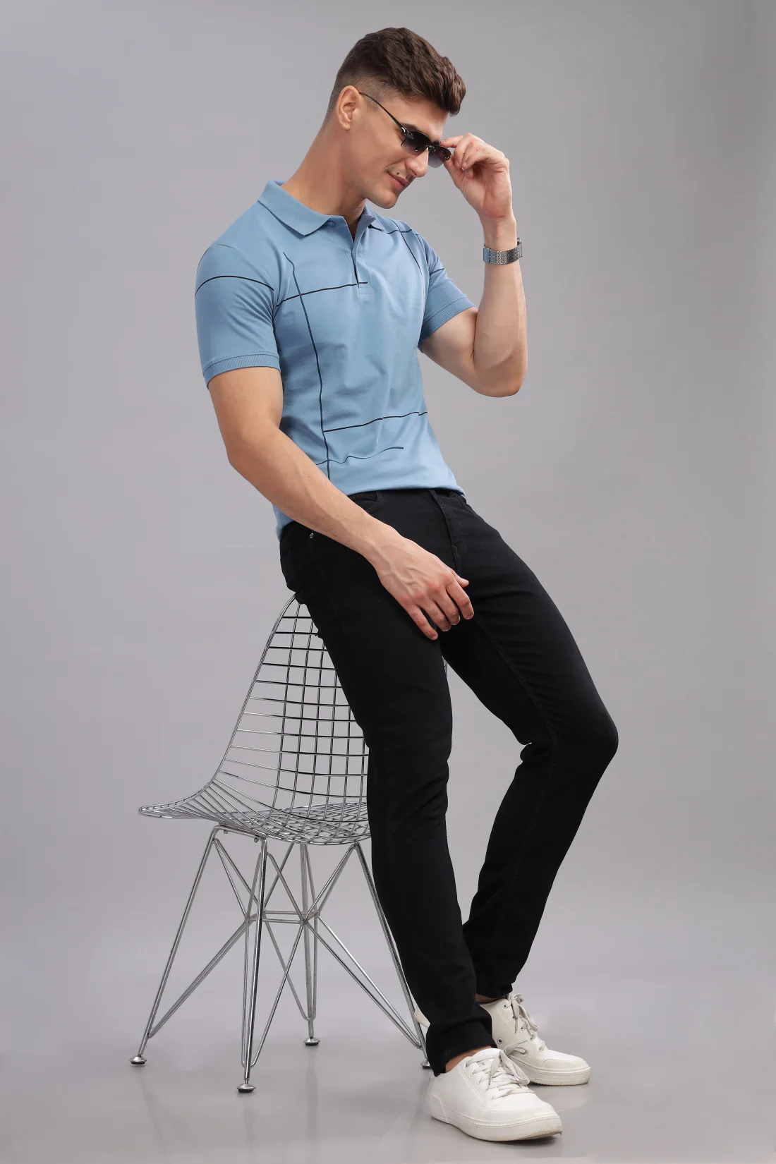 Men Sky Blue Regular Fit T-Shirt - Image 7