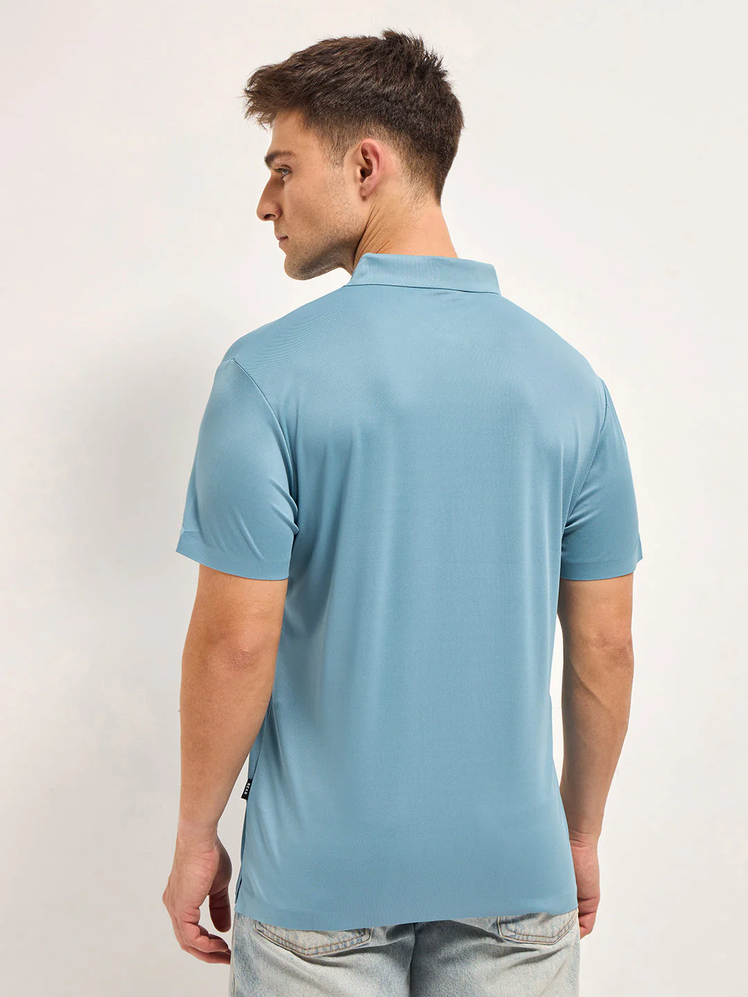 Men Sky Blue Self Design Slim Fit Polo T-shirt - Image 2