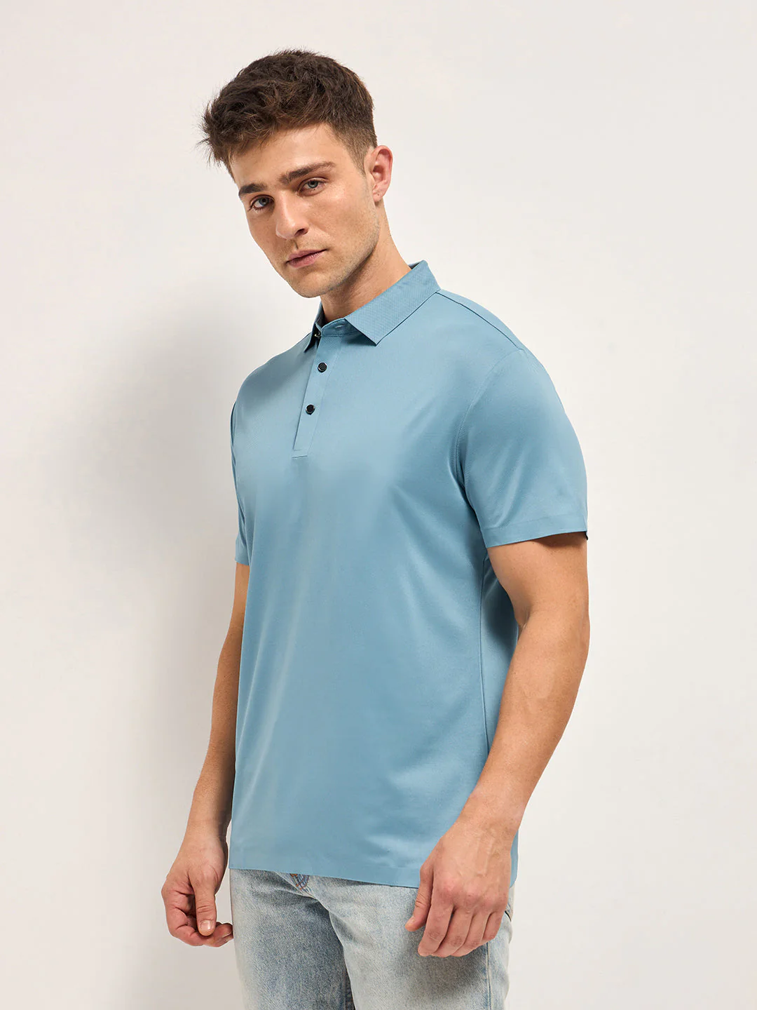 Men Sky Blue Self Design Slim Fit Polo T-shirt - Image 3