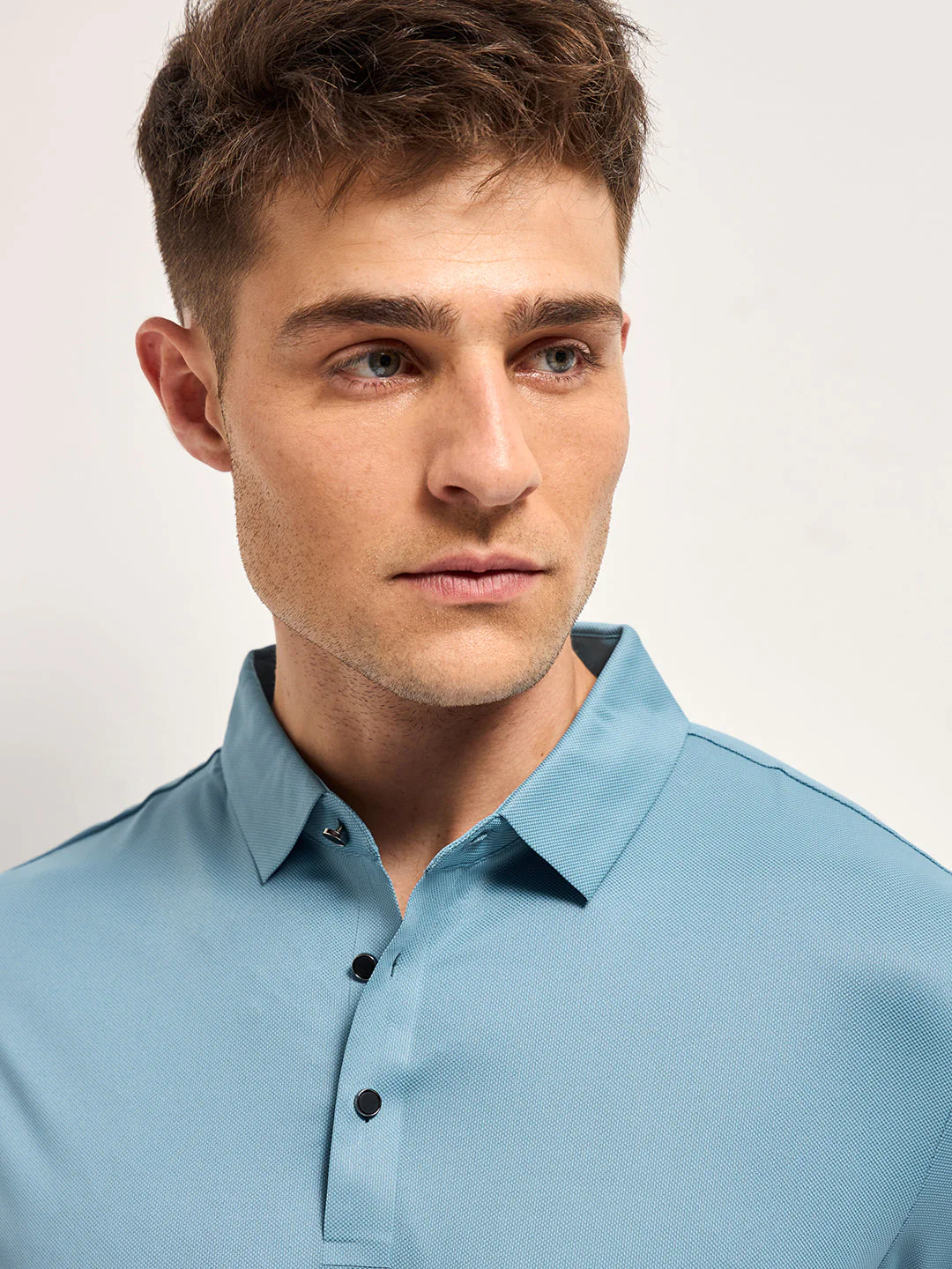 Men Sky Blue Self Design Slim Fit Polo T-shirt - Image 5