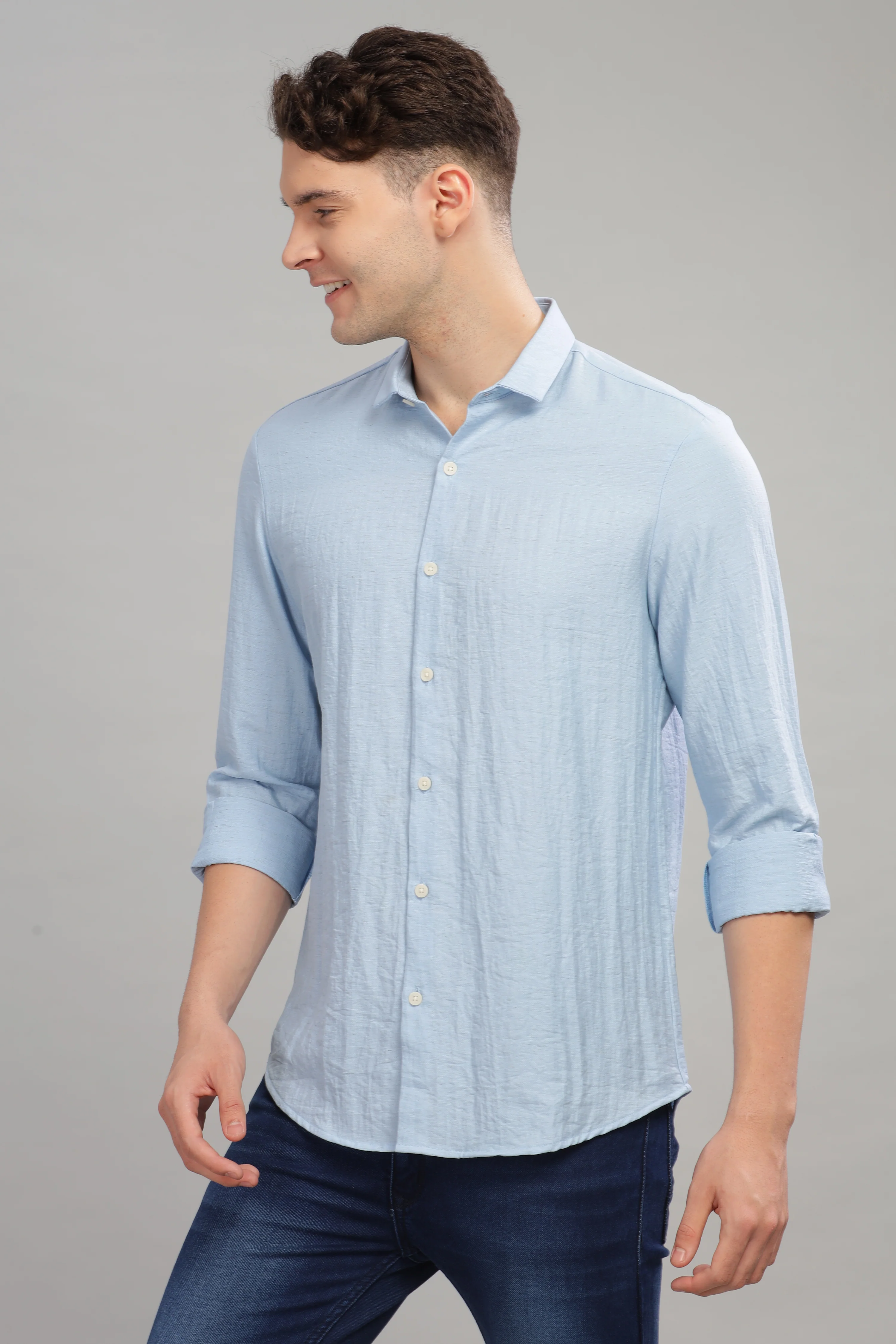 Men Sky Blue Slim Fit Shirt - Image 4