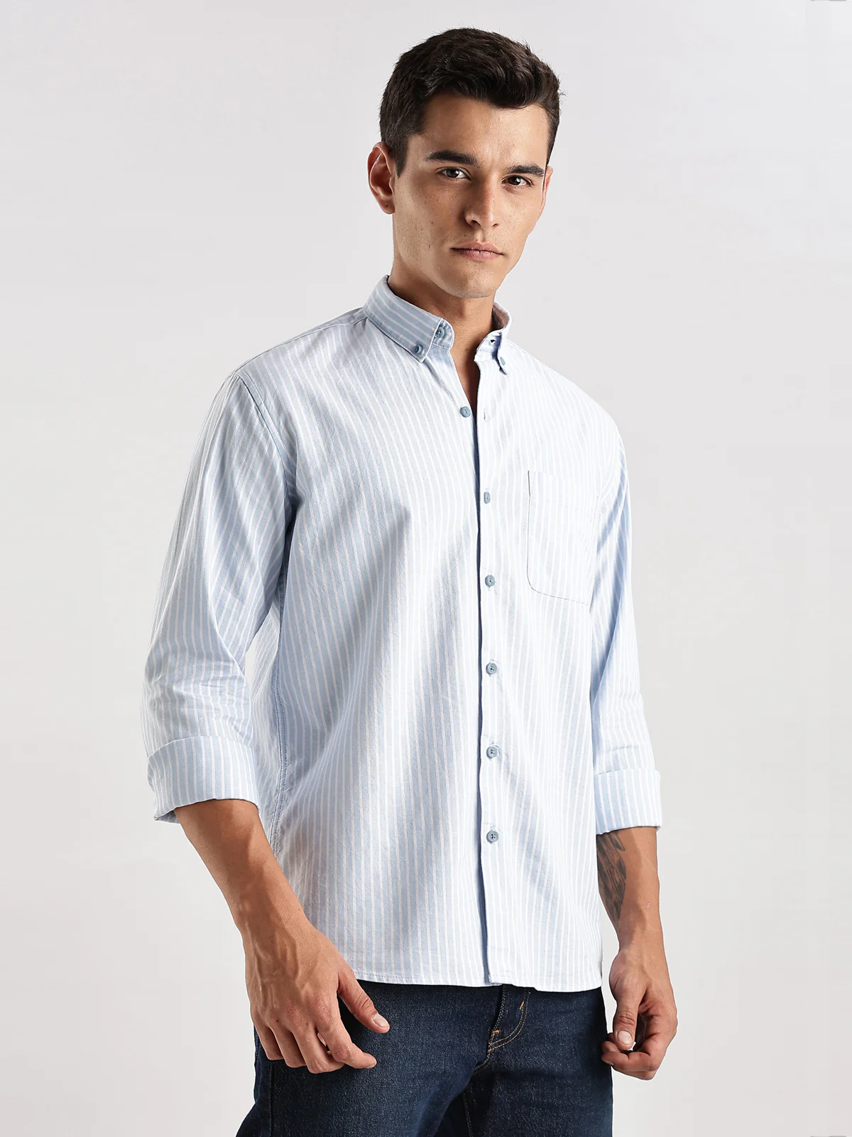 Men Blue White Casual Shirt - Image 3