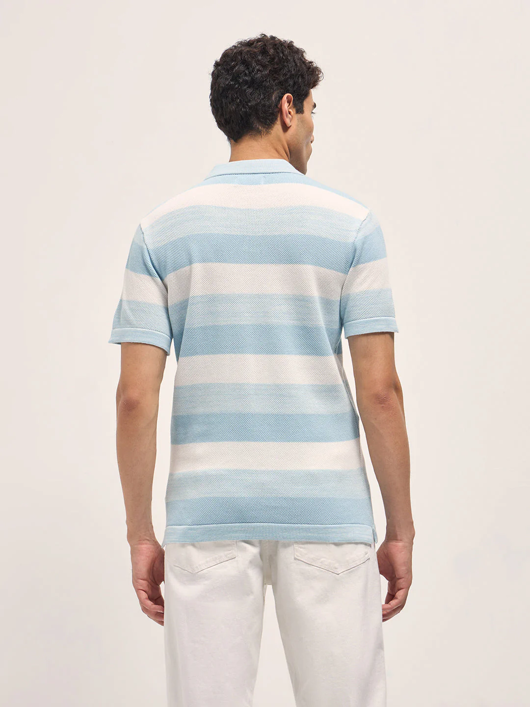 Men Sky Blue & White Horizontal Ribbed Stripes Slim Fit Polo - Image 2