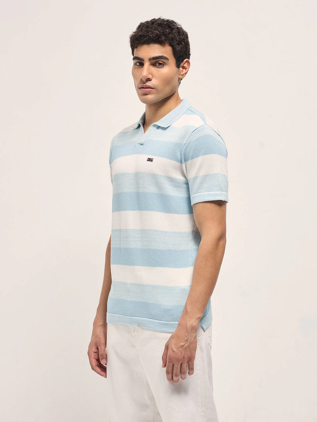 Men Sky Blue & White Horizontal Ribbed Stripes Slim Fit Polo - Image 3