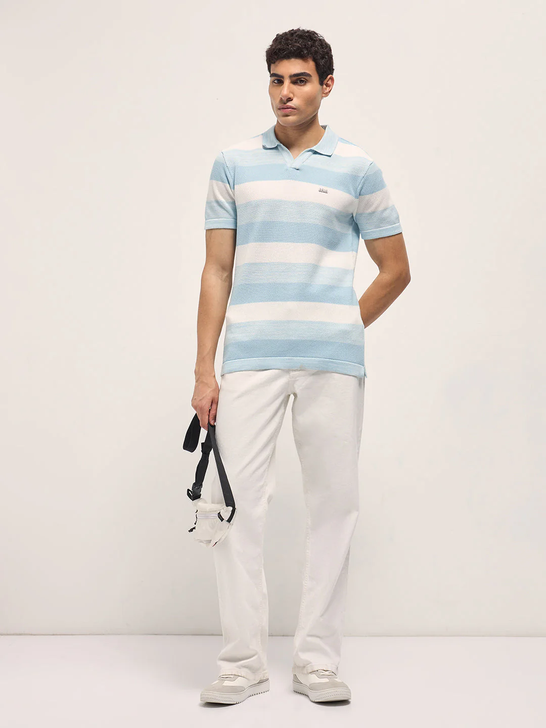 Men Sky Blue & White Horizontal Ribbed Stripes Slim Fit Polo - Image 4