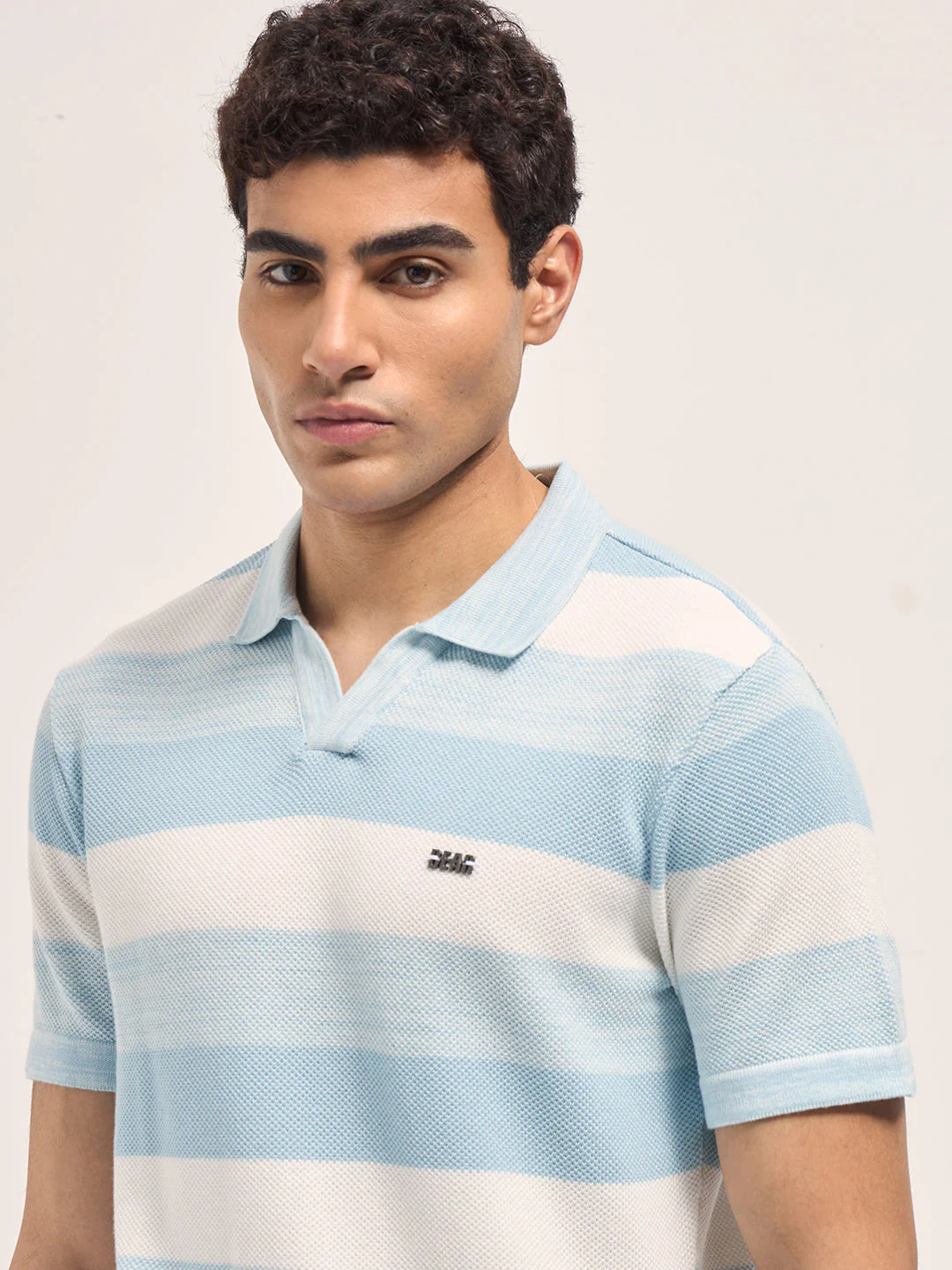 Men Sky Blue & White Horizontal Ribbed Stripes Slim Fit Polo - Image 5