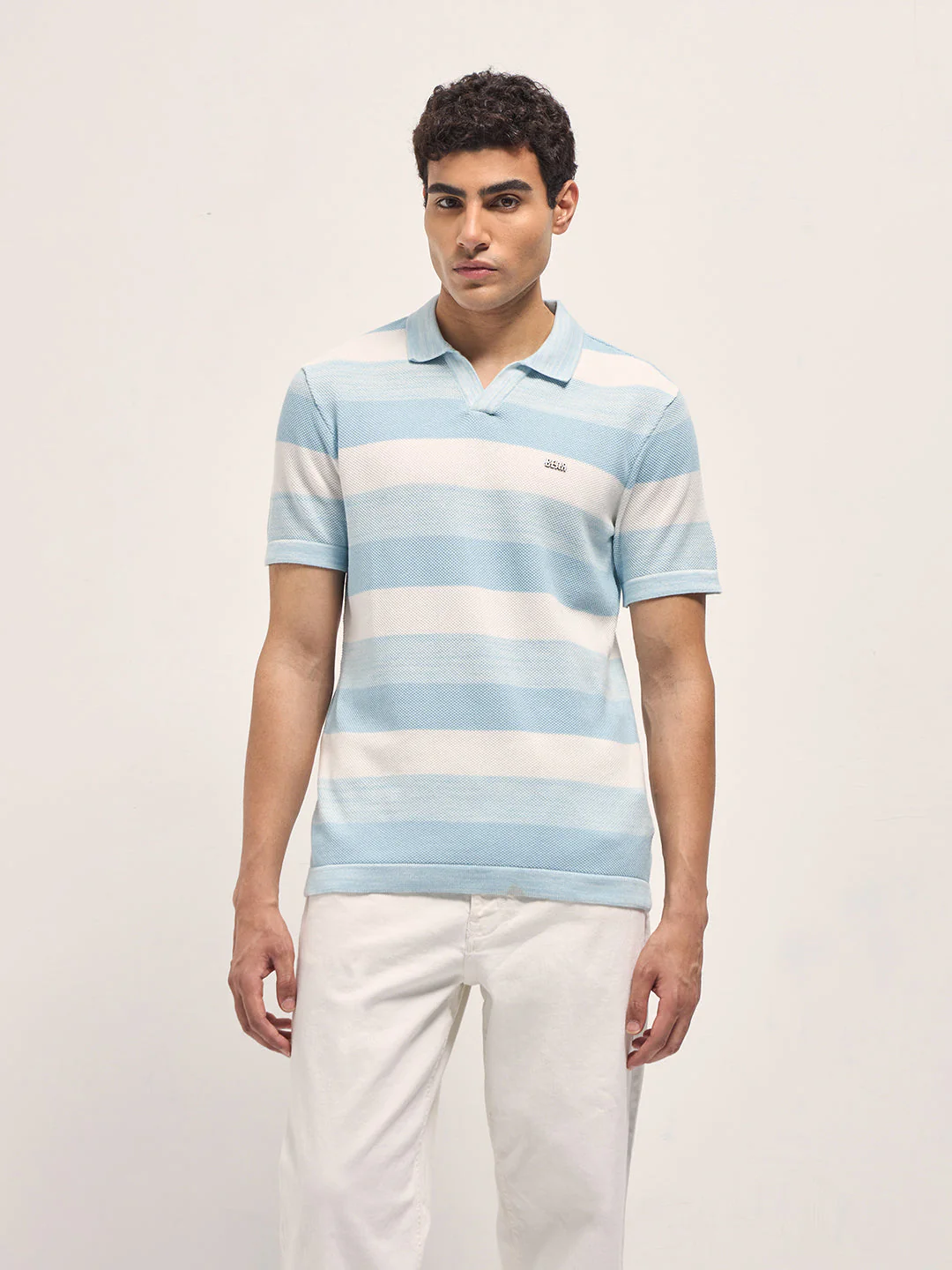 Men Sky Blue & White Horizontal Ribbed Stripes Slim Fit Polo - Image 6