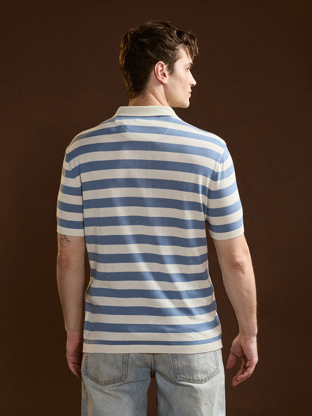 Men Sky Blue & White Horizontal stripes Design Slim Fit Polo - Image 2