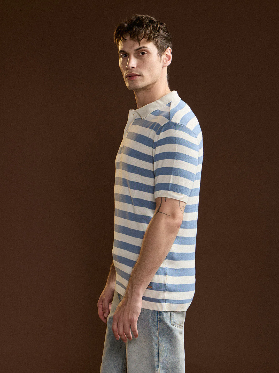 Men Sky Blue & White Horizontal stripes Design Slim Fit Polo - Image 3