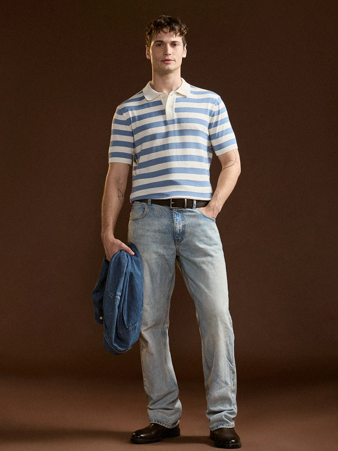 Men Sky Blue & White Horizontal stripes Design Slim Fit Polo - Image 4