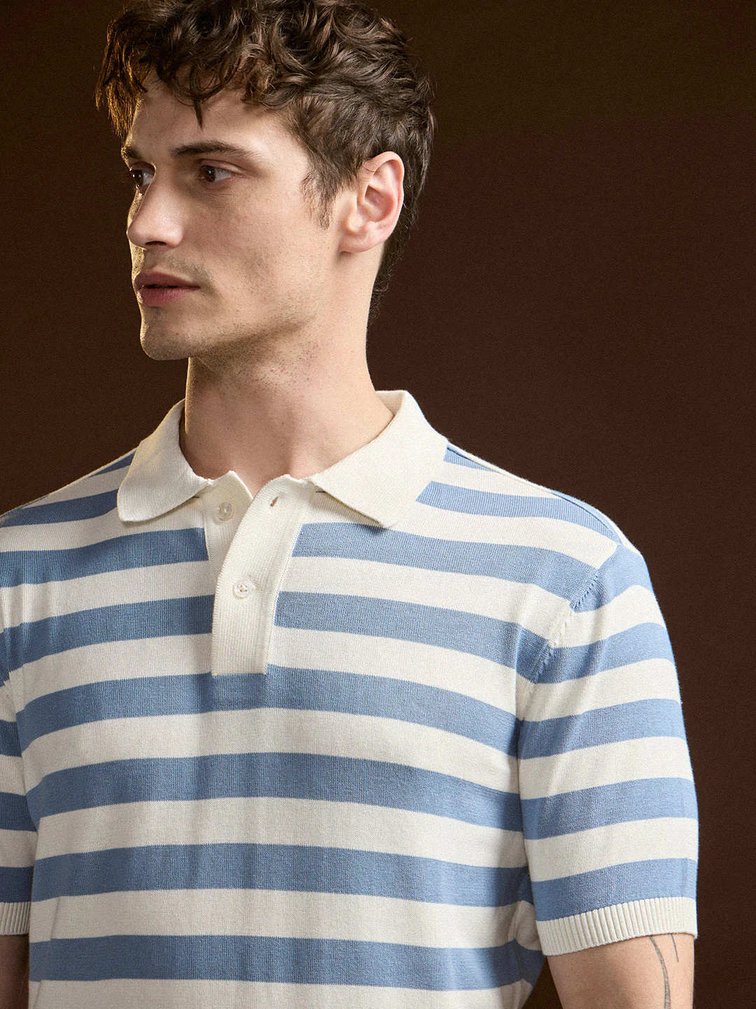 Men Sky Blue & White Horizontal stripes Design Slim Fit Polo - Image 5