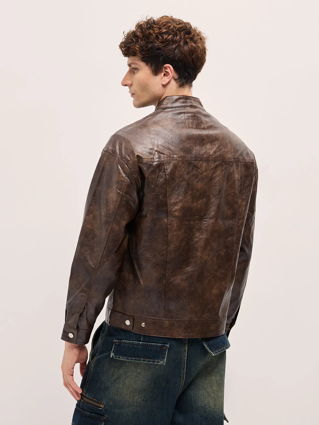 Men "Sleek Brown Faux Leather Relaxed Fit Bomber Jacket" - Image 2