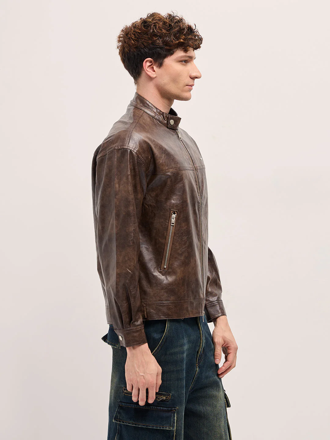 Men "Sleek Brown Faux Leather Relaxed Fit Bomber Jacket" - Image 3