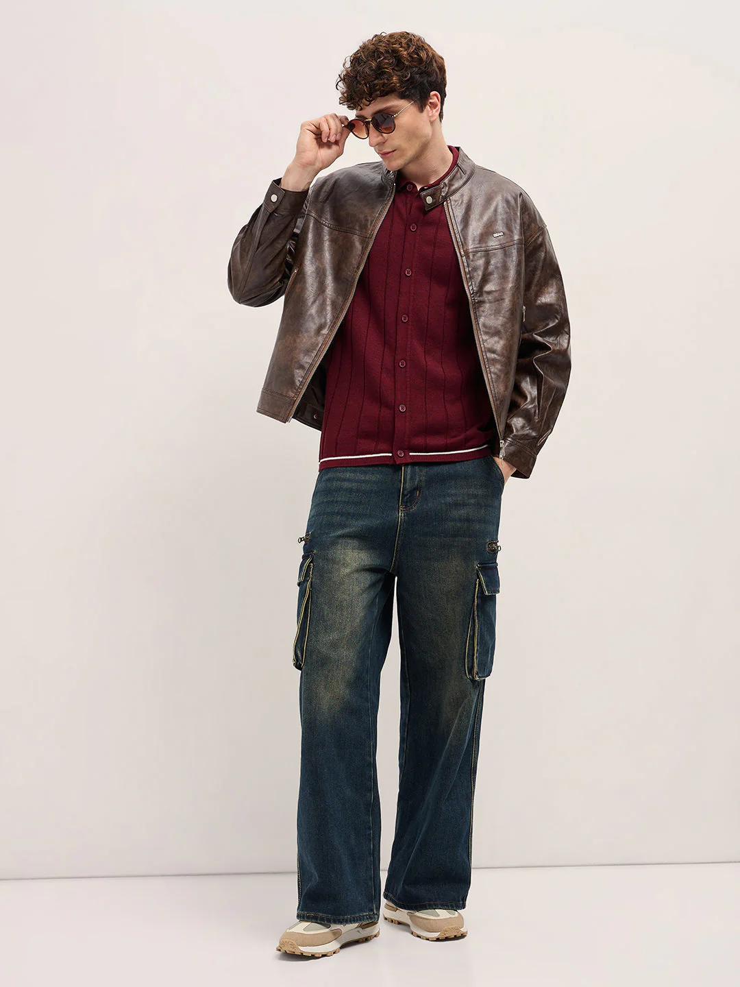 Men "Sleek Brown Faux Leather Relaxed Fit Bomber Jacket" - Image 4