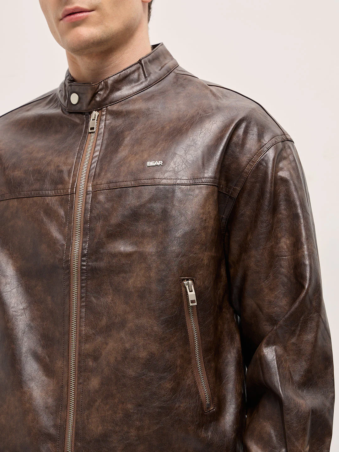 Men "Sleek Brown Faux Leather Relaxed Fit Bomber Jacket" - Image 5