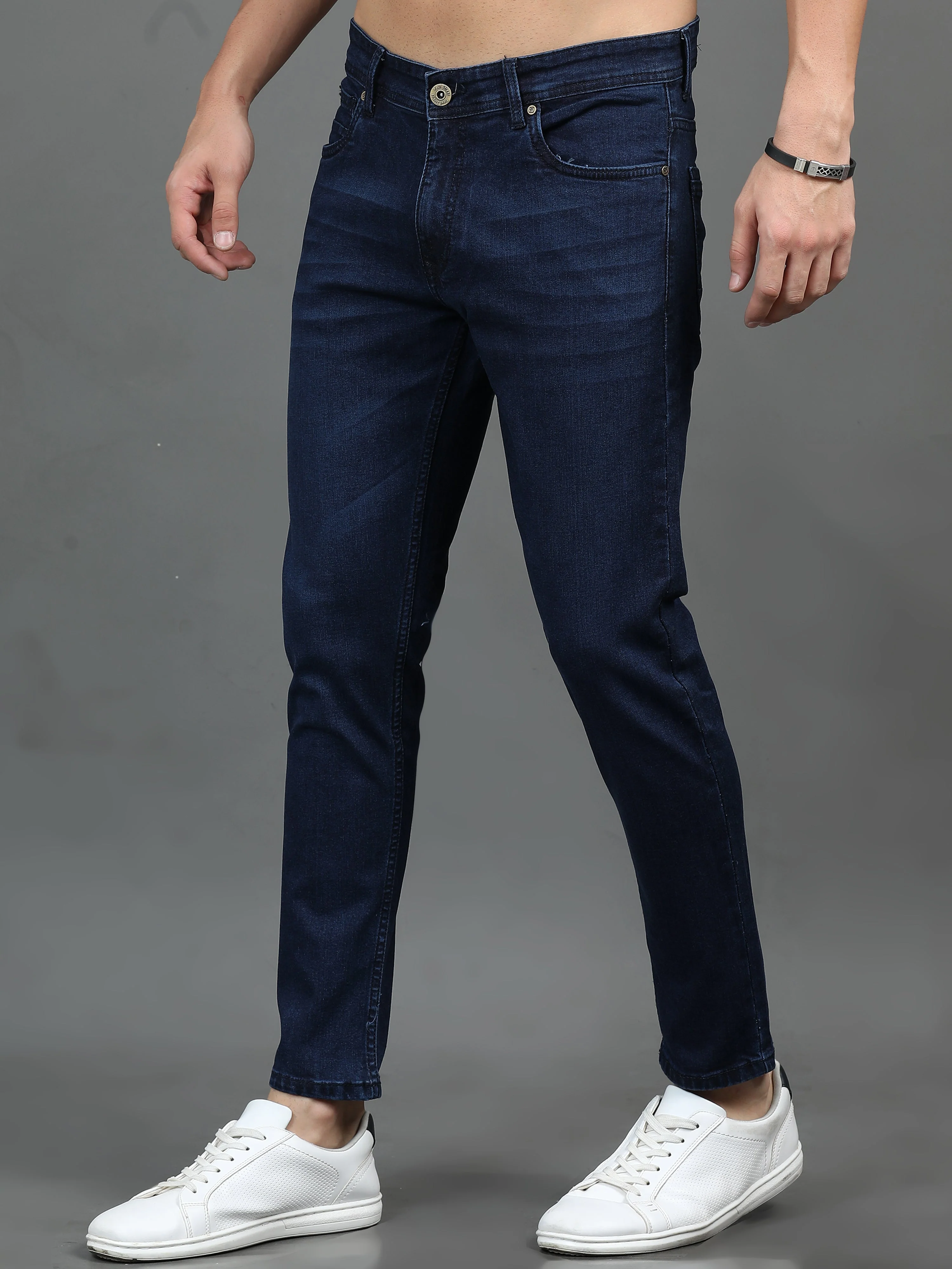 Men Sleek Dark Blue Jeans - Image 4