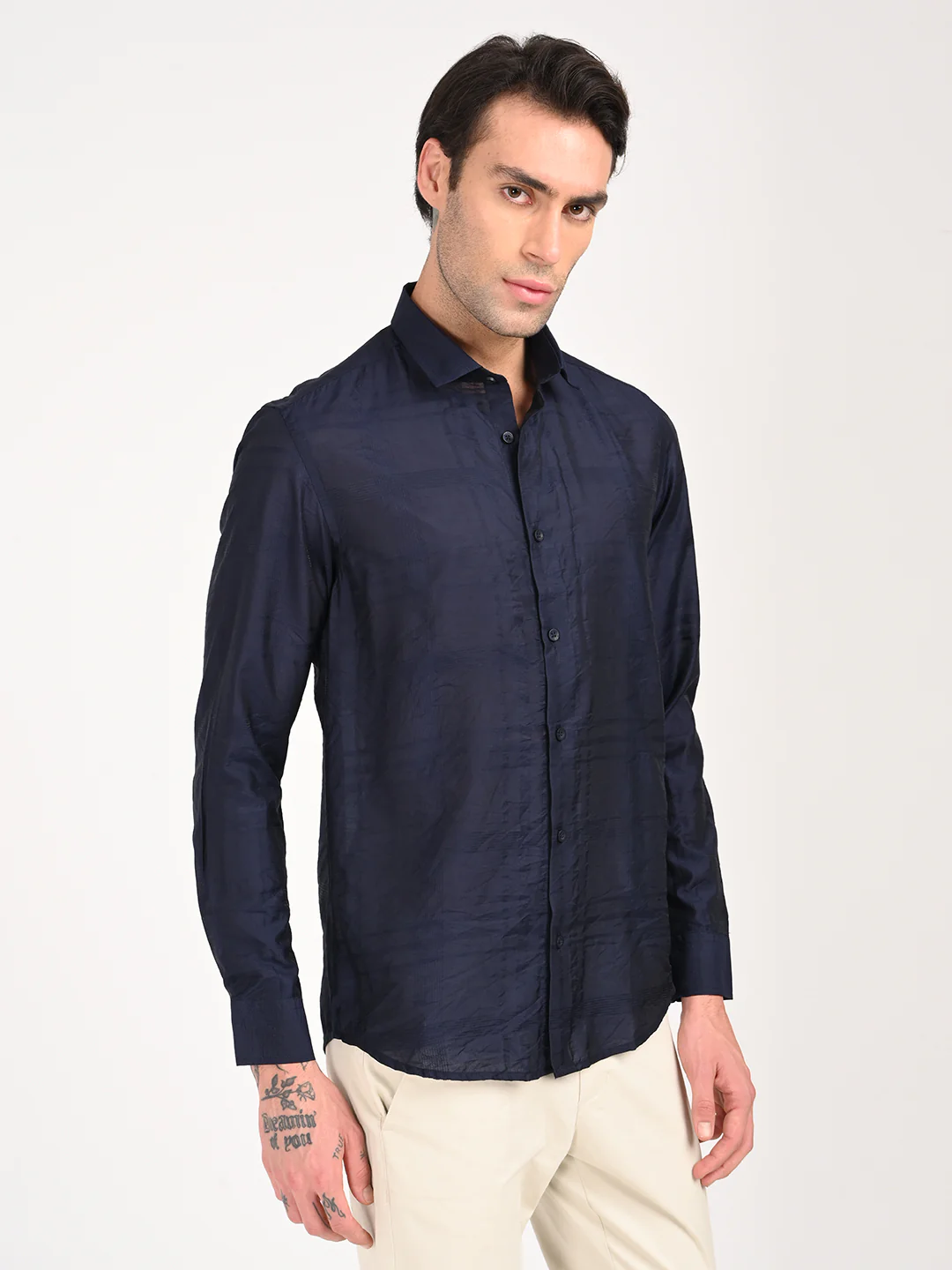 Men Slim Fit Nylon Self-Design Shirt - Image 5