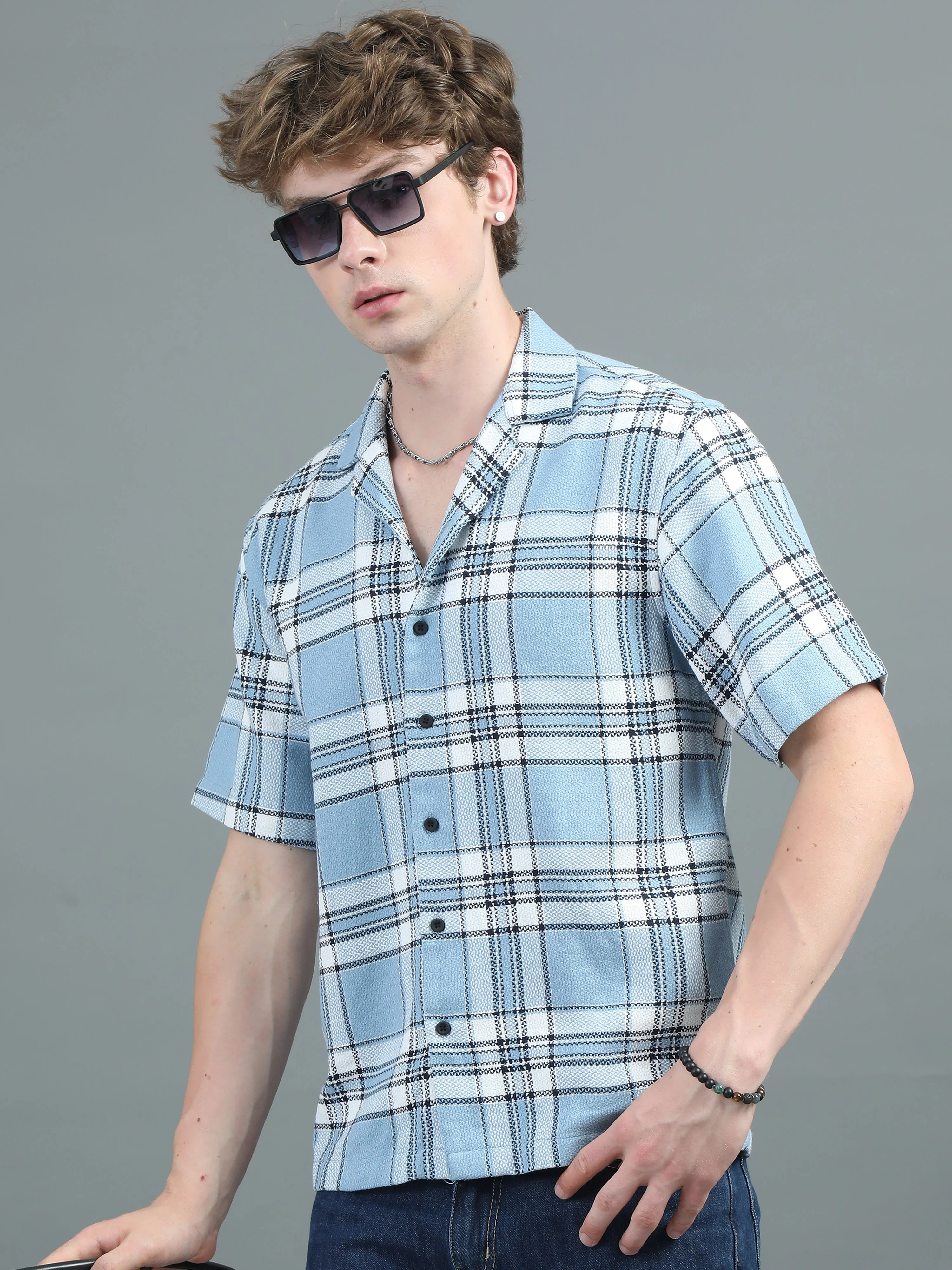 Men Solace Blue Checks Relaxed Shirt - Image 3