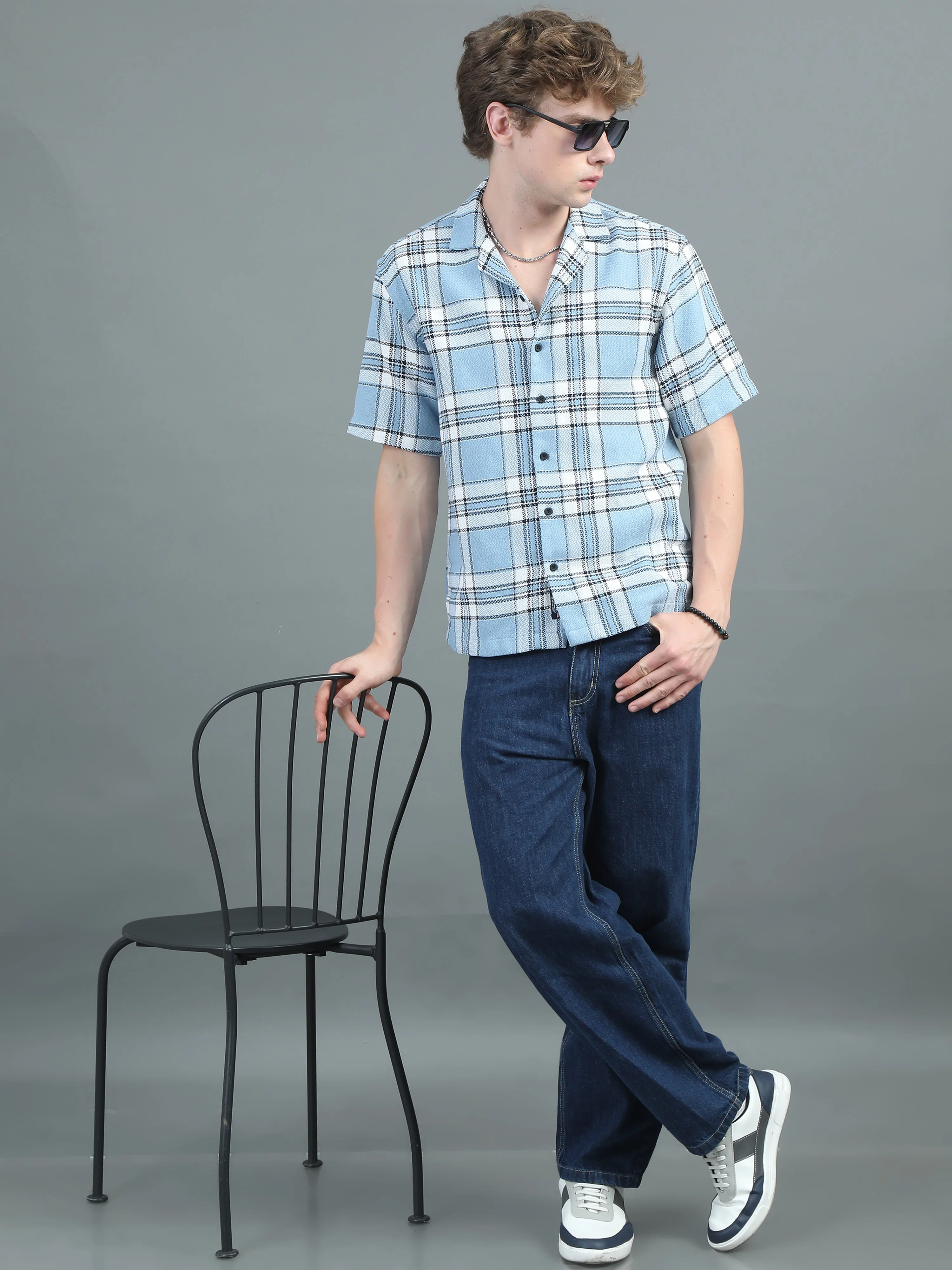 Men Solace Blue Checks Relaxed Shirt - Image 4