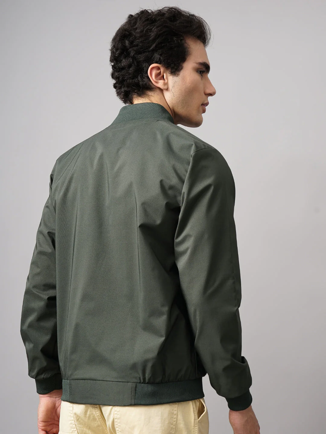 Men Solid Bomber Olive Jacket - Image 2