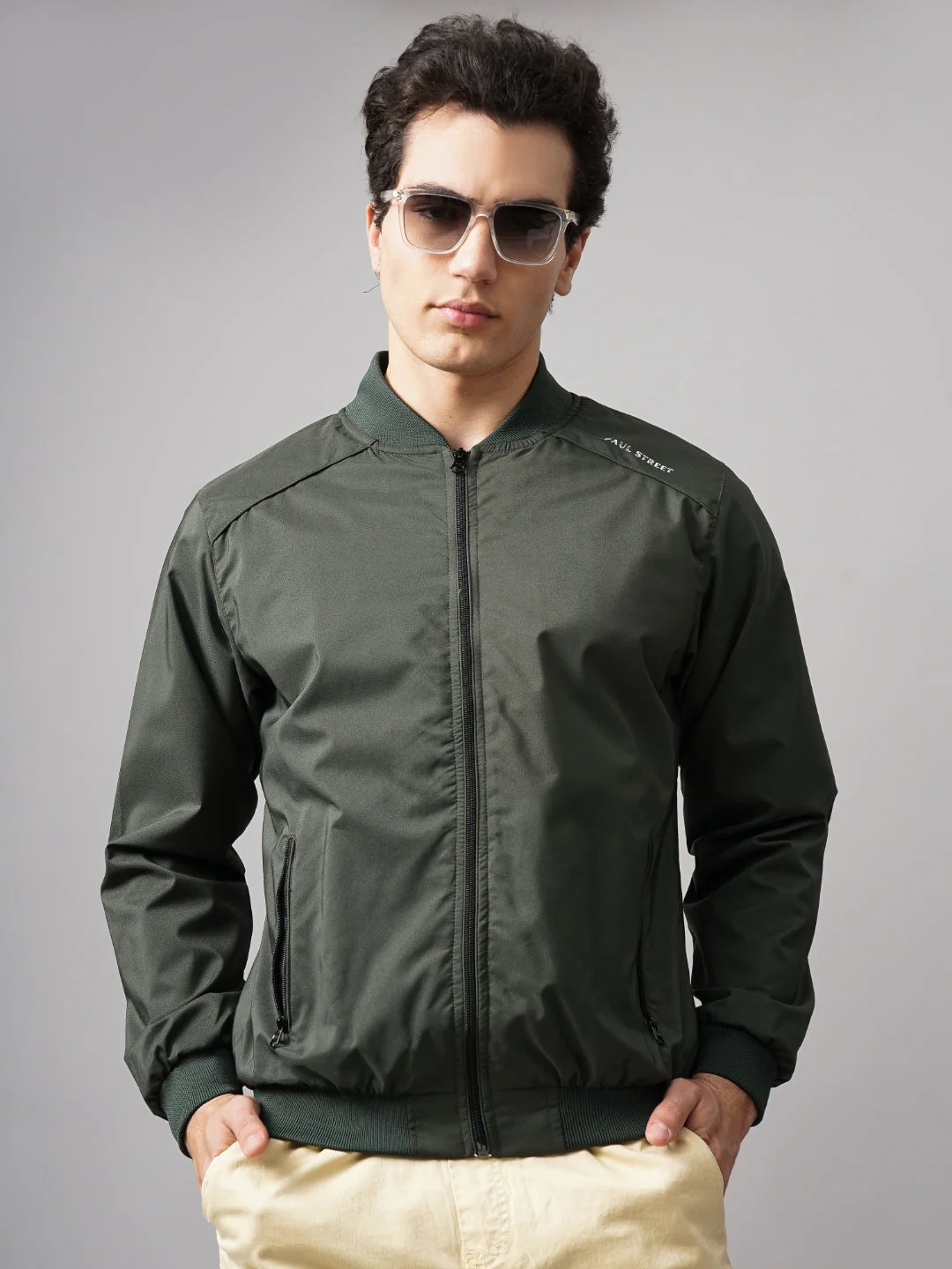 Men Solid Bomber Olive Jacket - Image 3