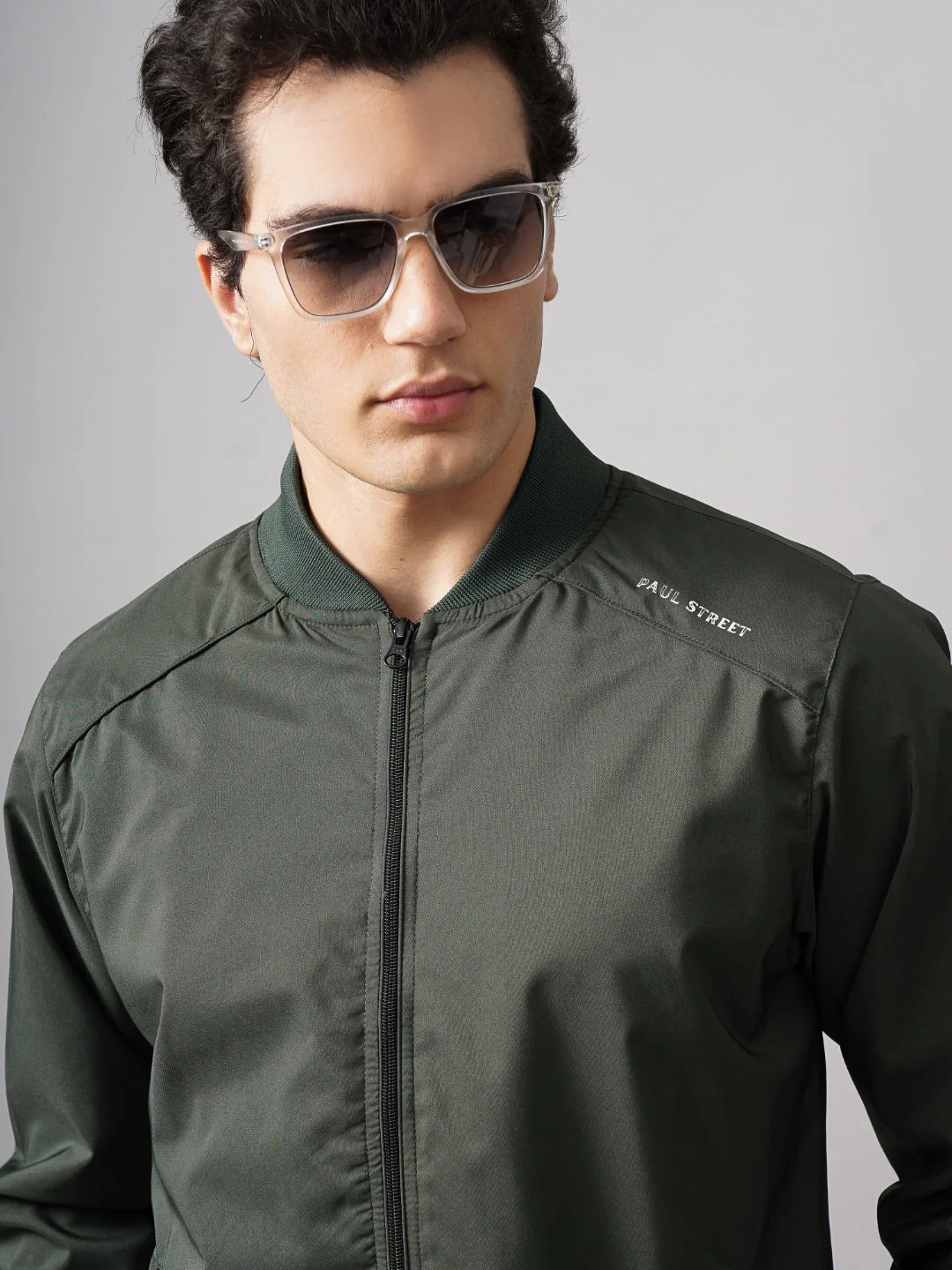 Men Solid Bomber Olive Jacket - Image 4