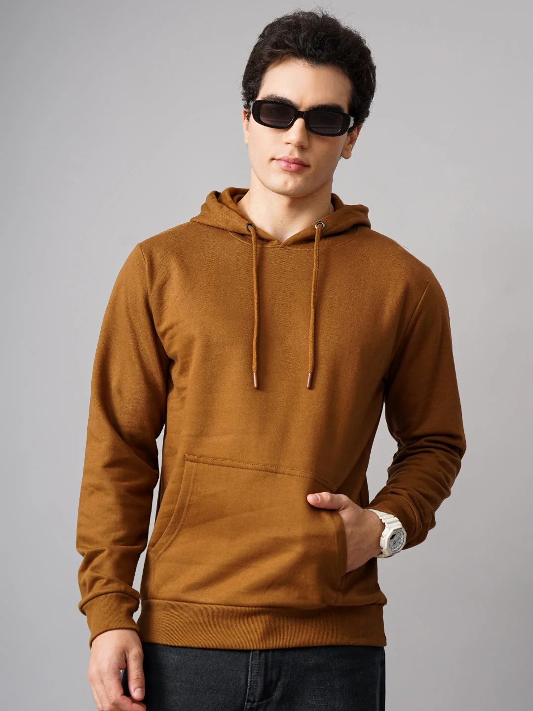 Men Solid Brown Hoodie - Image 3