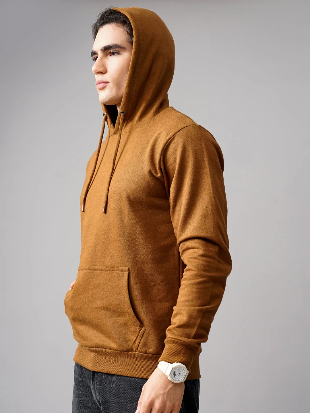 Men Solid Brown Hoodie - Image 4