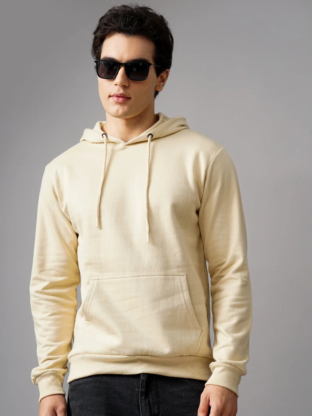 Men Solid Cream Hoodie - Image 3