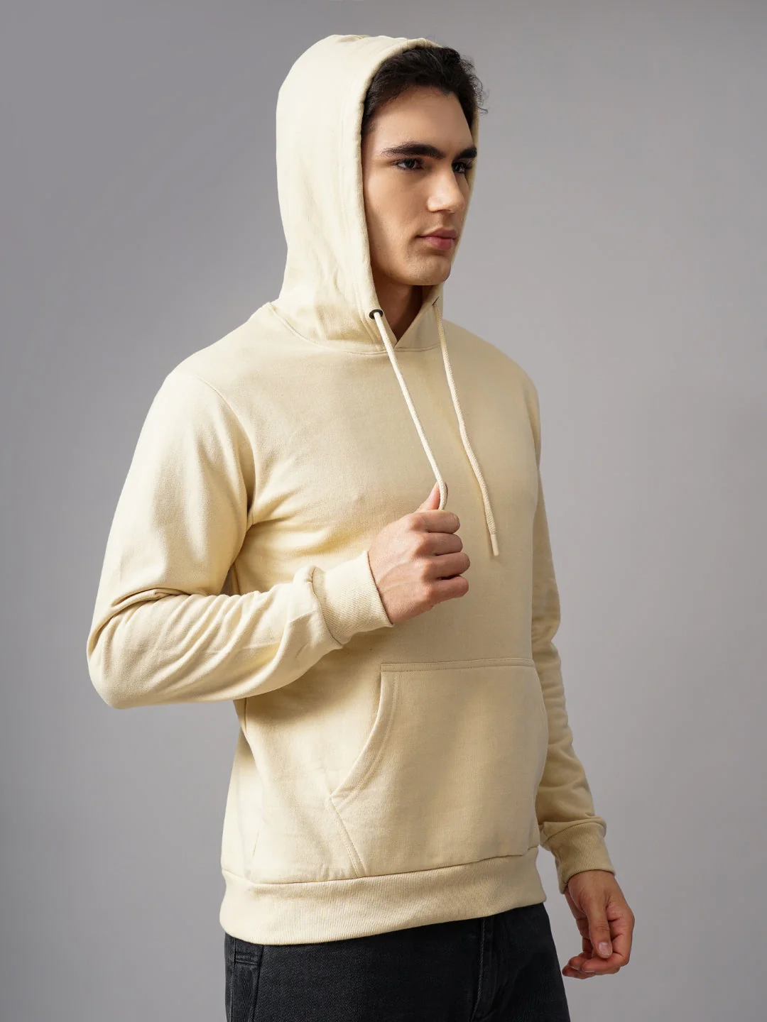 Men Solid Cream Hoodie - Image 4