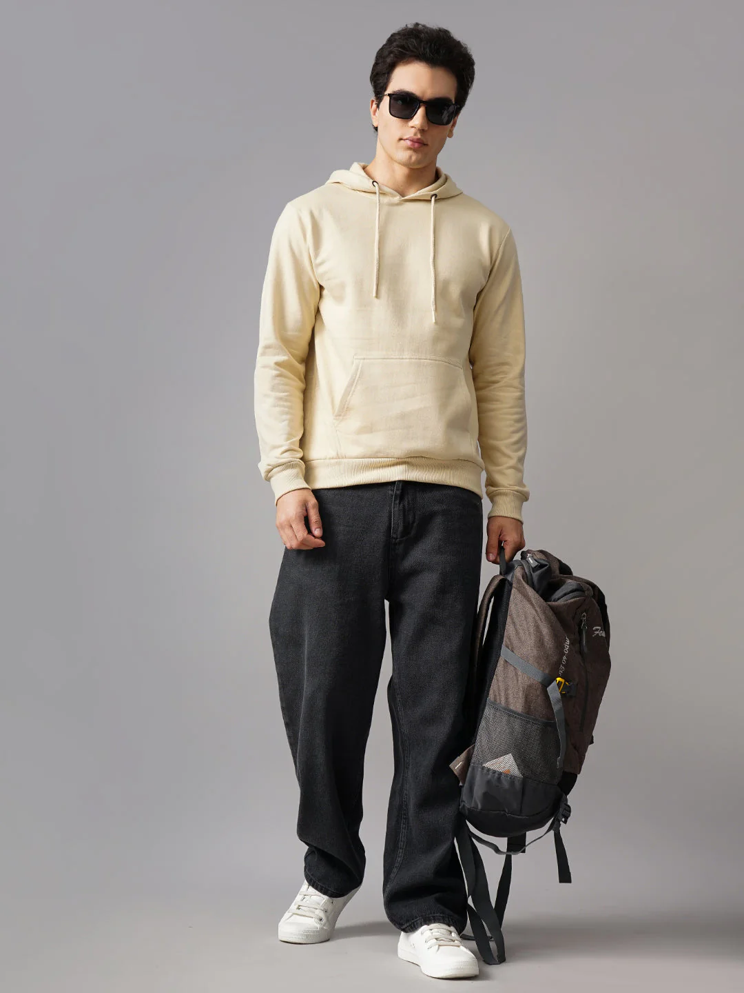 Men Solid Cream Hoodie - Image 5