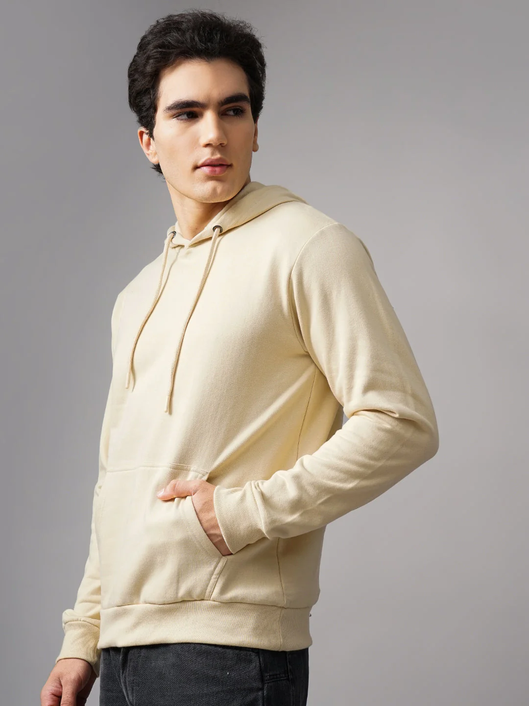 Men Solid Cream Hoodie - Image 7