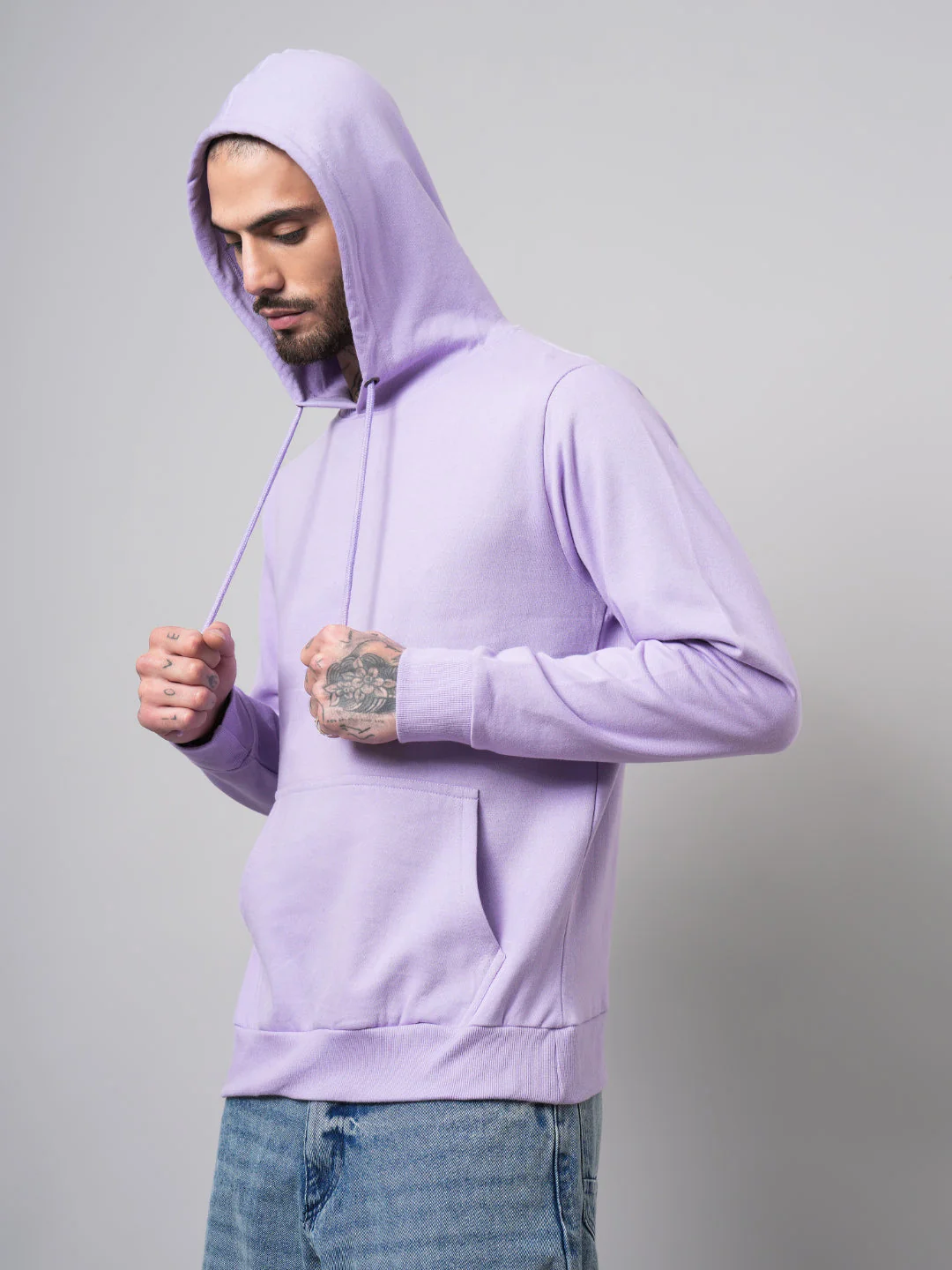 Men Solid Lavender Hoodie - Image 3