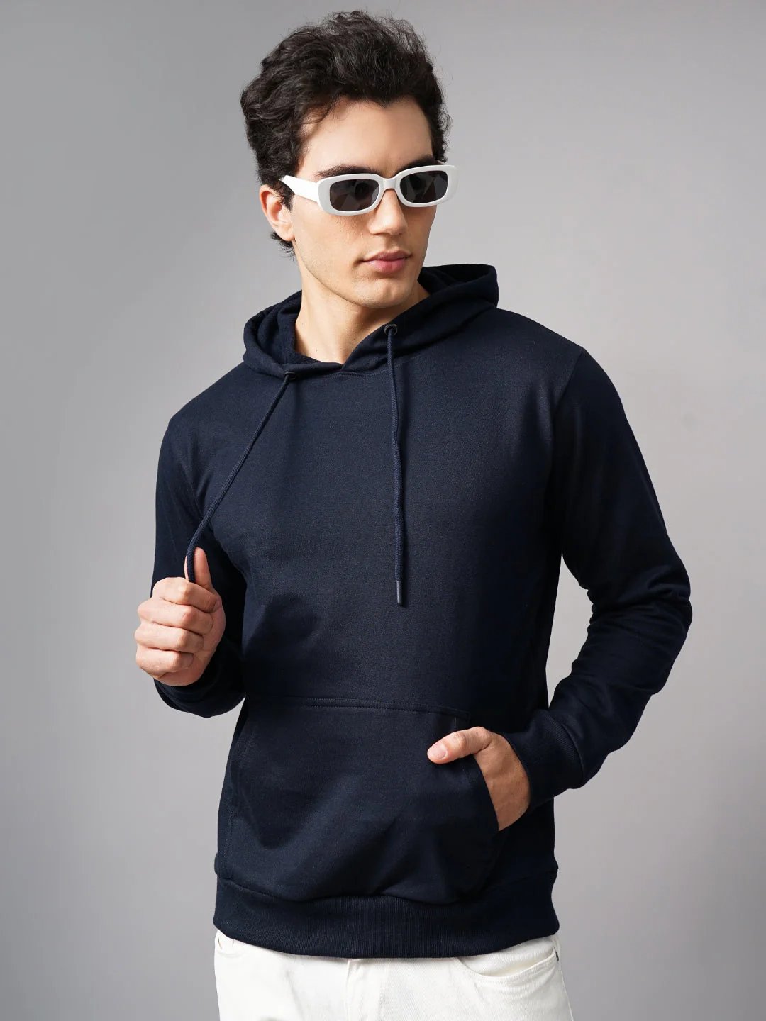 Men Solid Navy Hoodie - Image 3