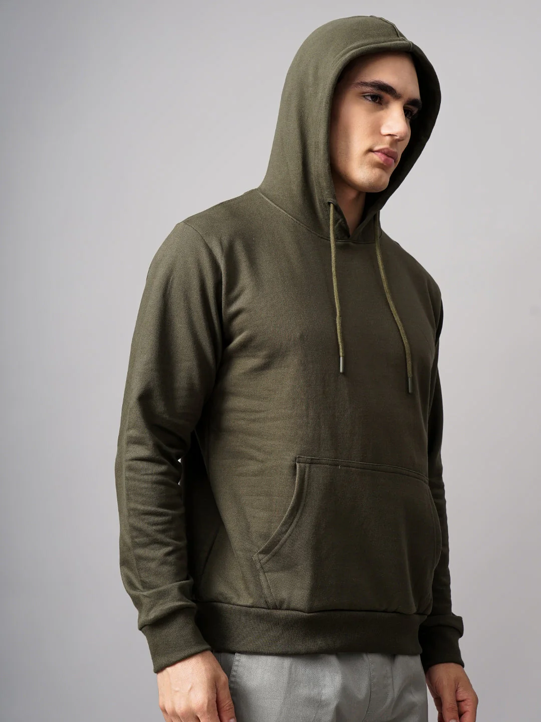Men Solid Olive Hoodie - Image 4