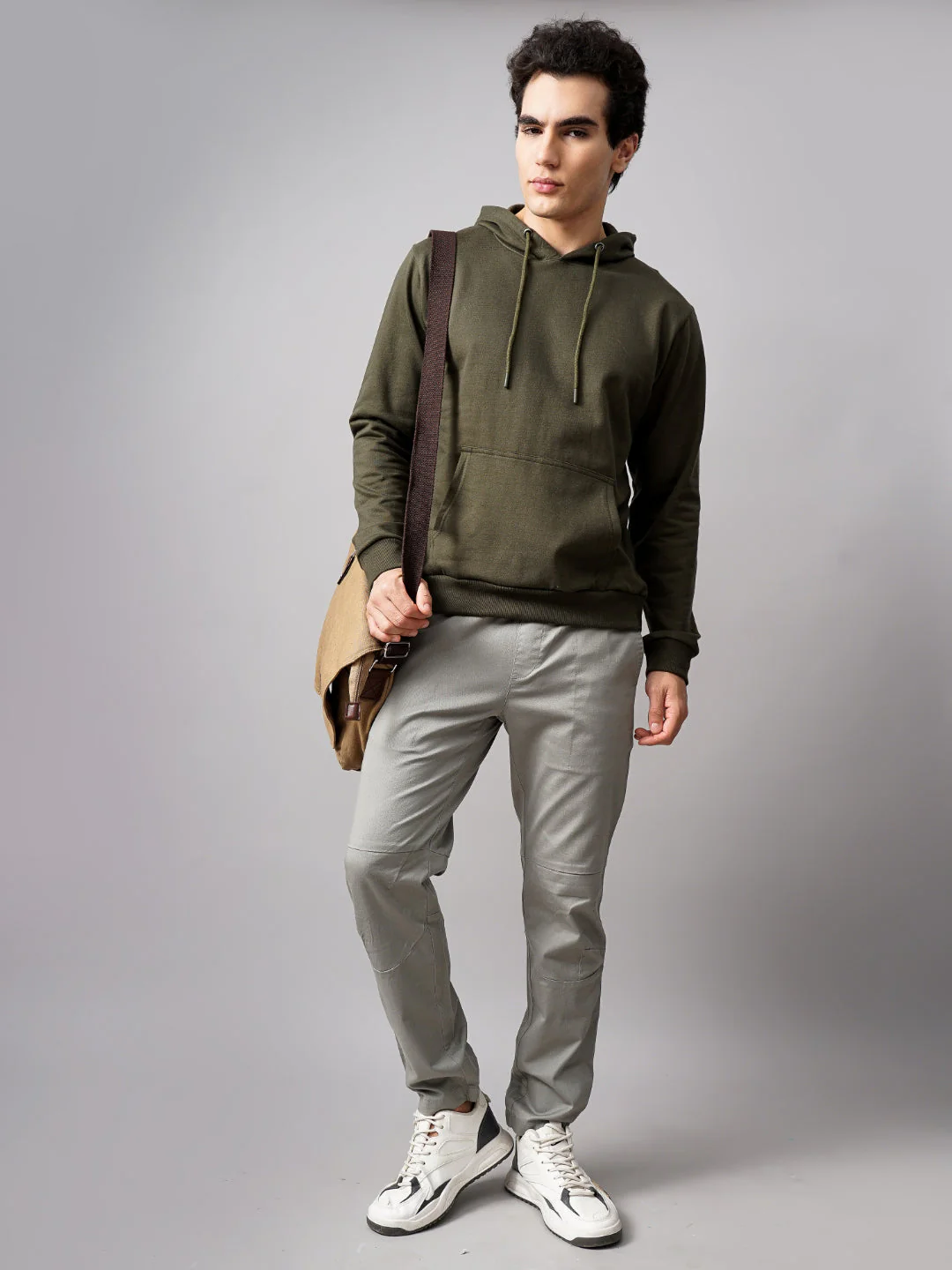 Men Solid Olive Hoodie - Image 5