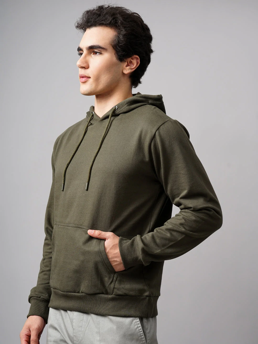 Men Solid Olive Hoodie - Image 7