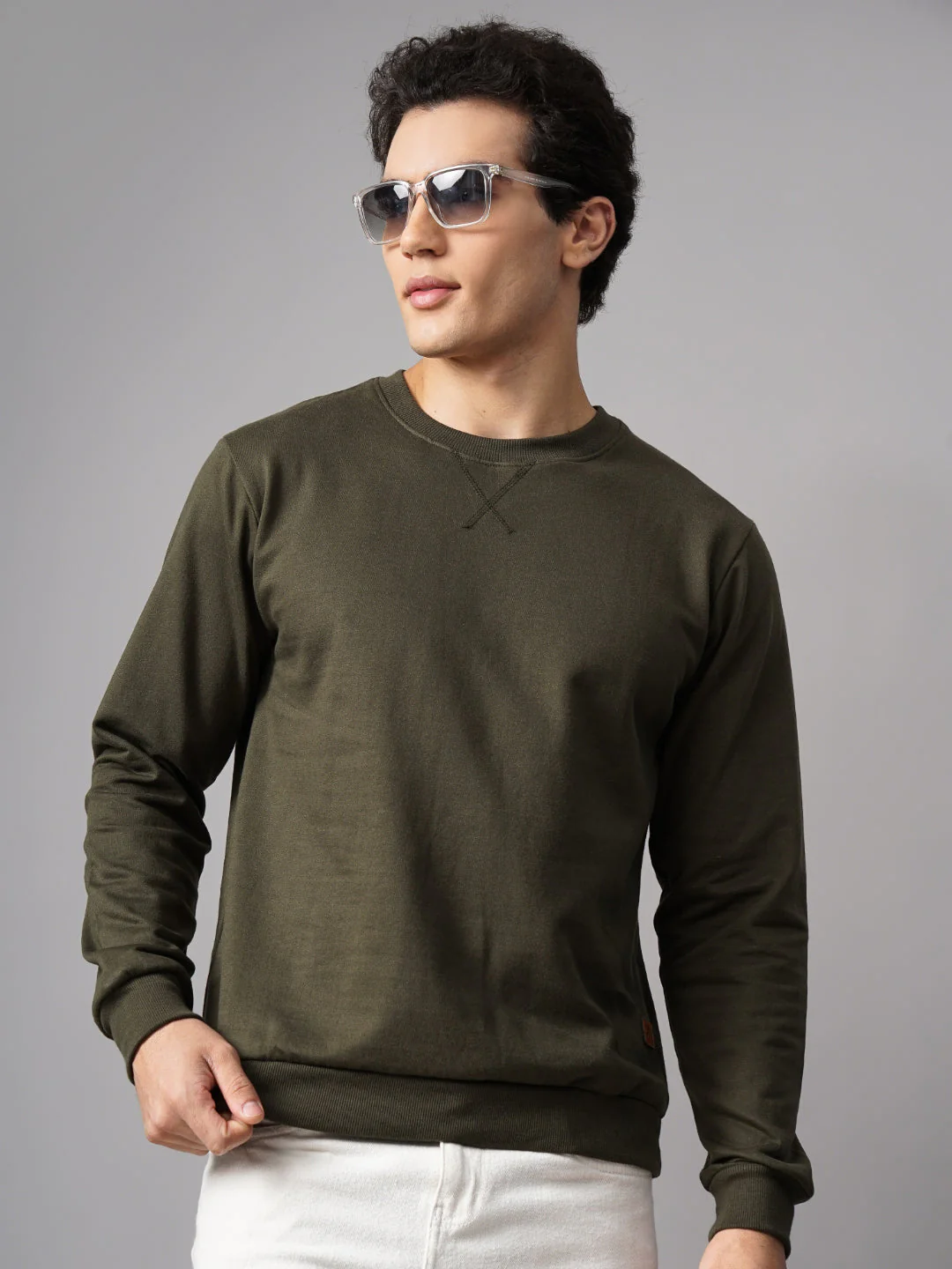 Men Solid Olive Sweatshirt - Image 3