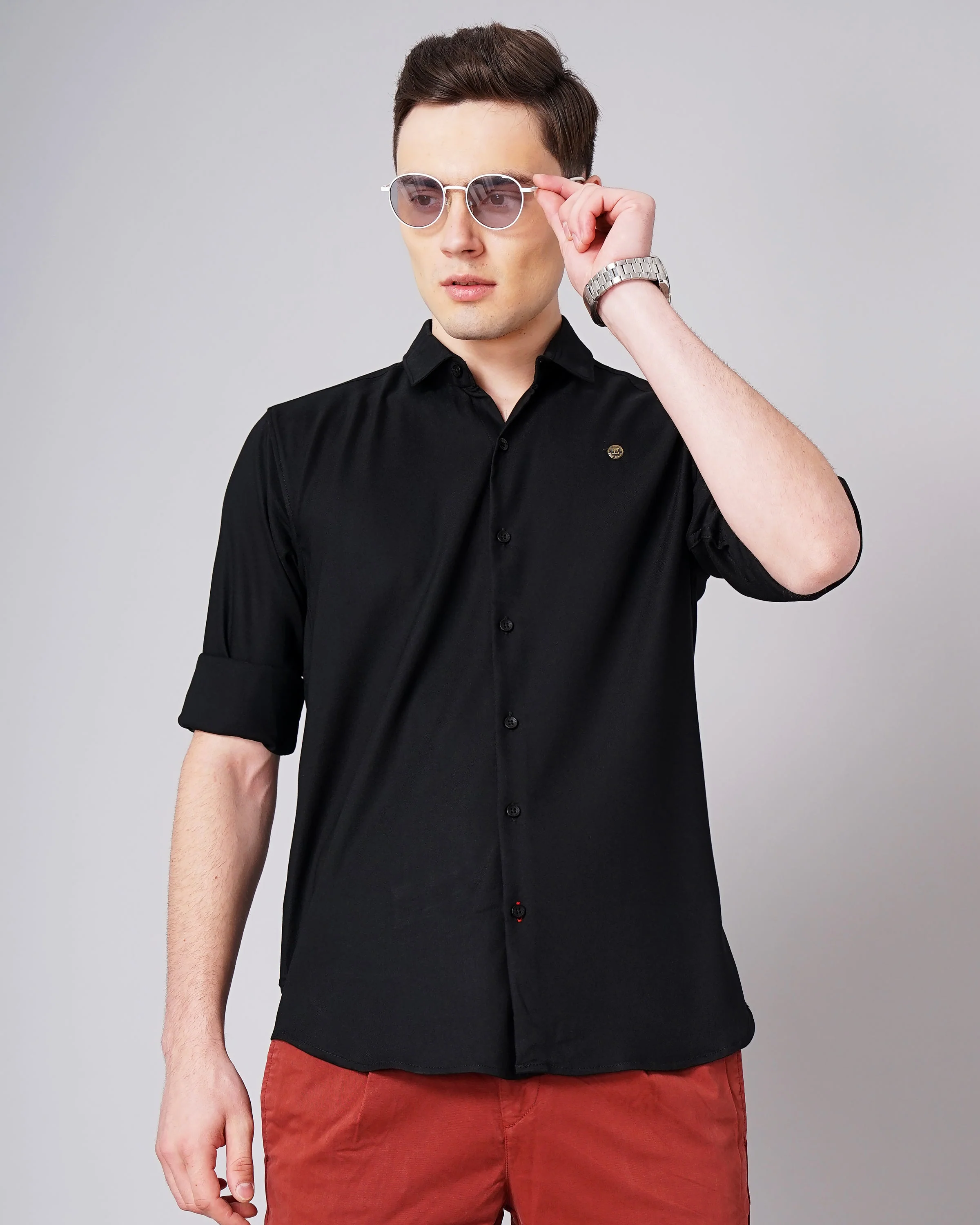 Men Solid Stretch Black Shirt - Image 2