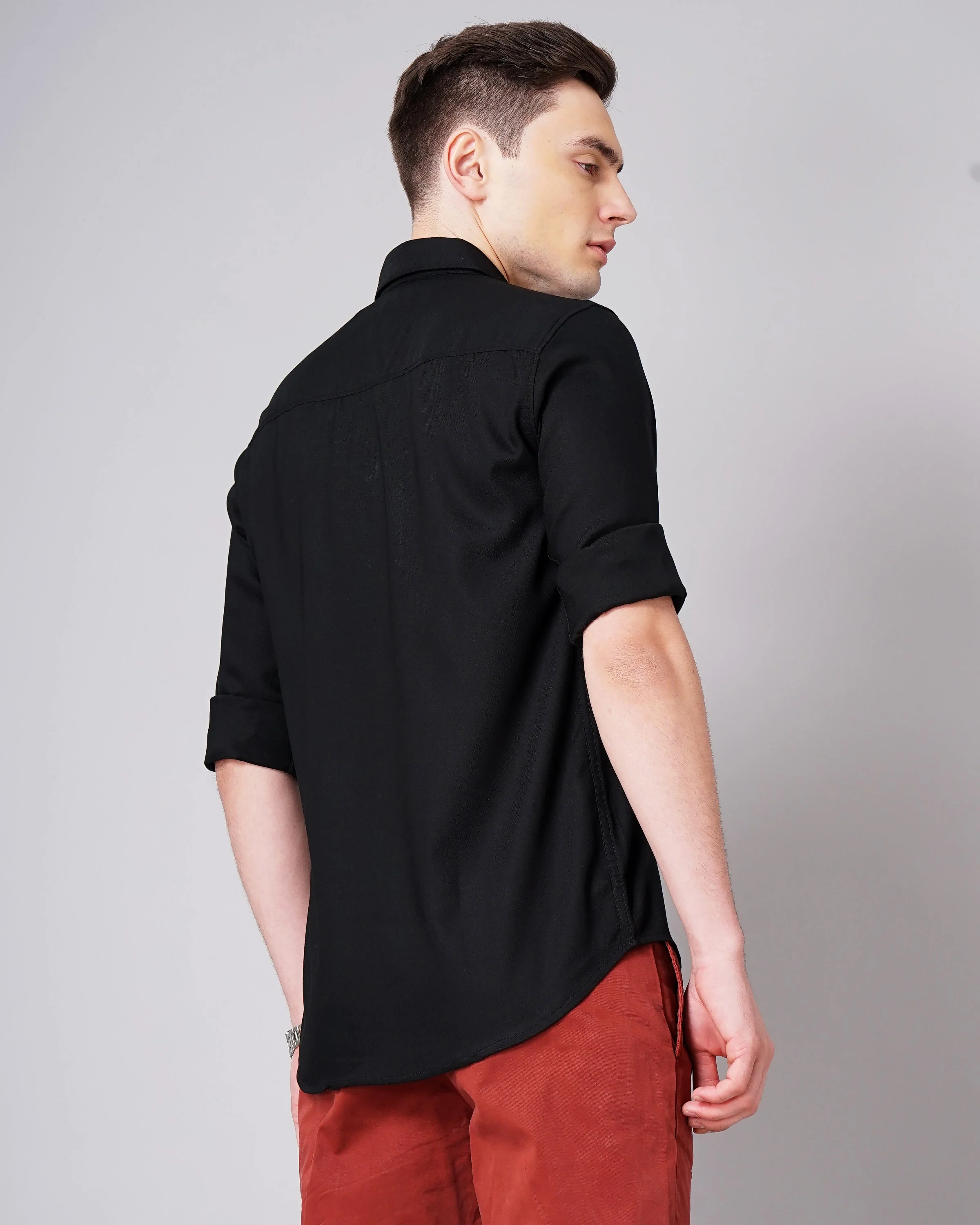 Men Solid Stretch Black Shirt - Image 3